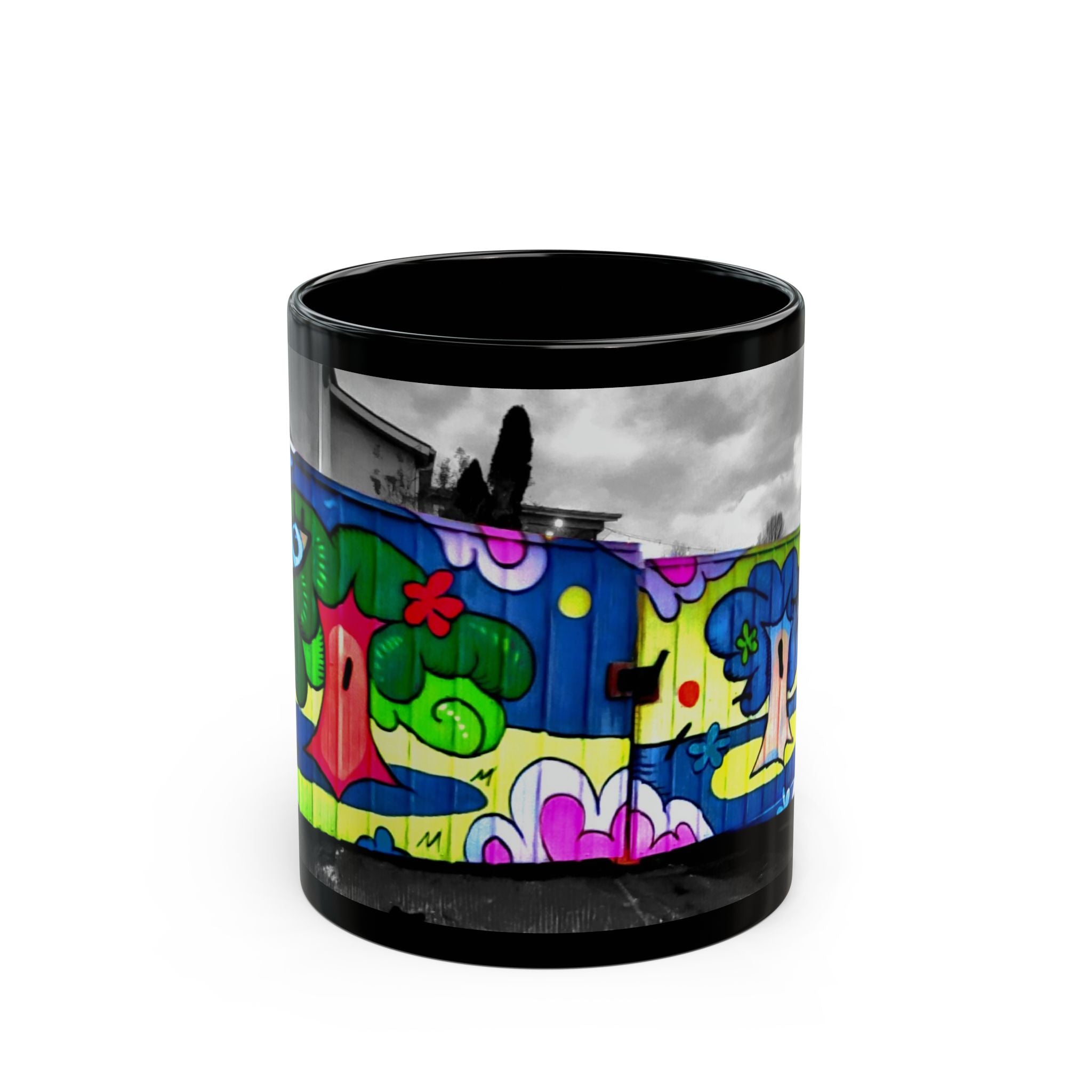 Colorful Graffiti Tree Black Mug — Urban Street Art Coffee Cup (11oz/15oz)