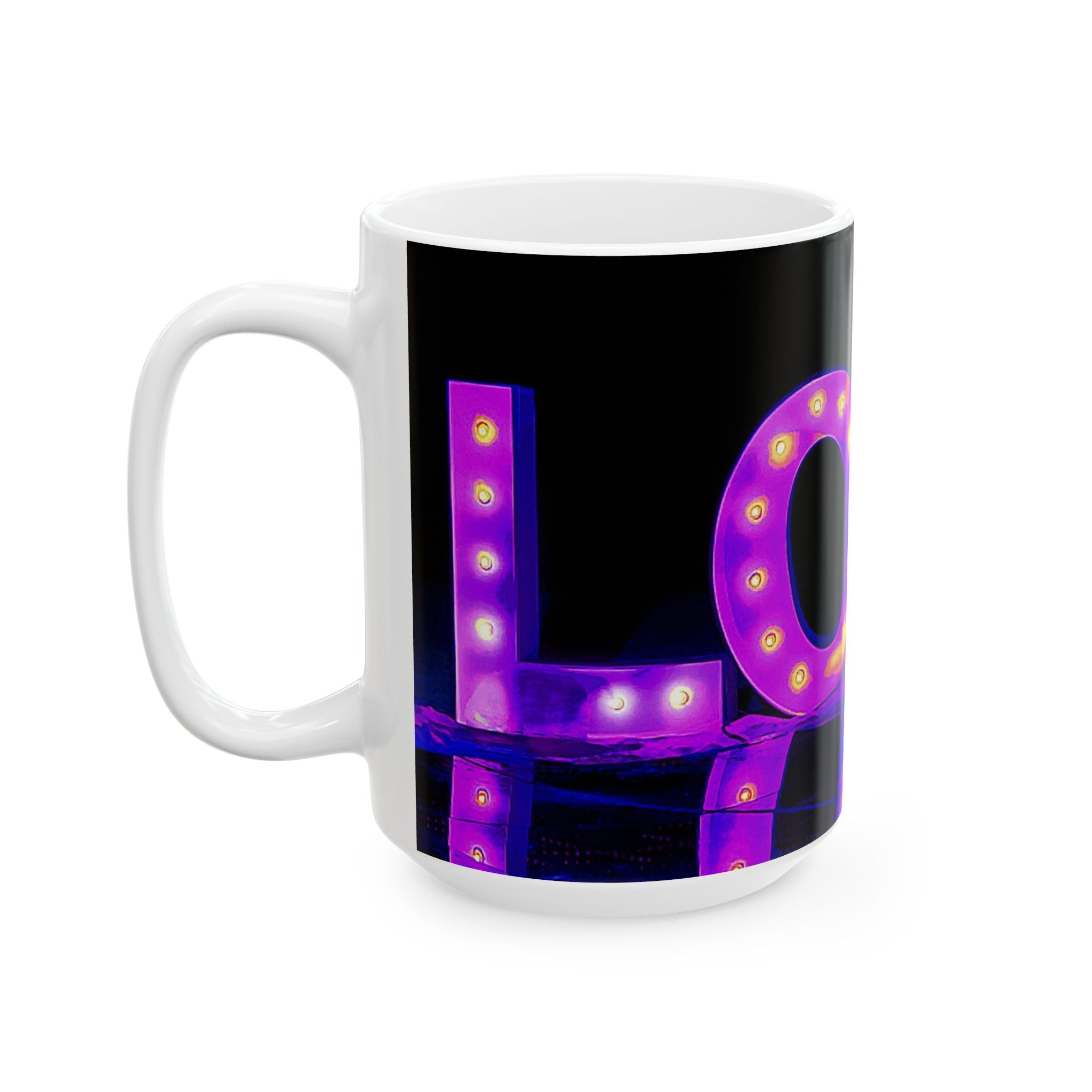 Love Marquee Ceramic Mug — Neon Purple LED Sign Coffee Cup (11oz & 15oz)