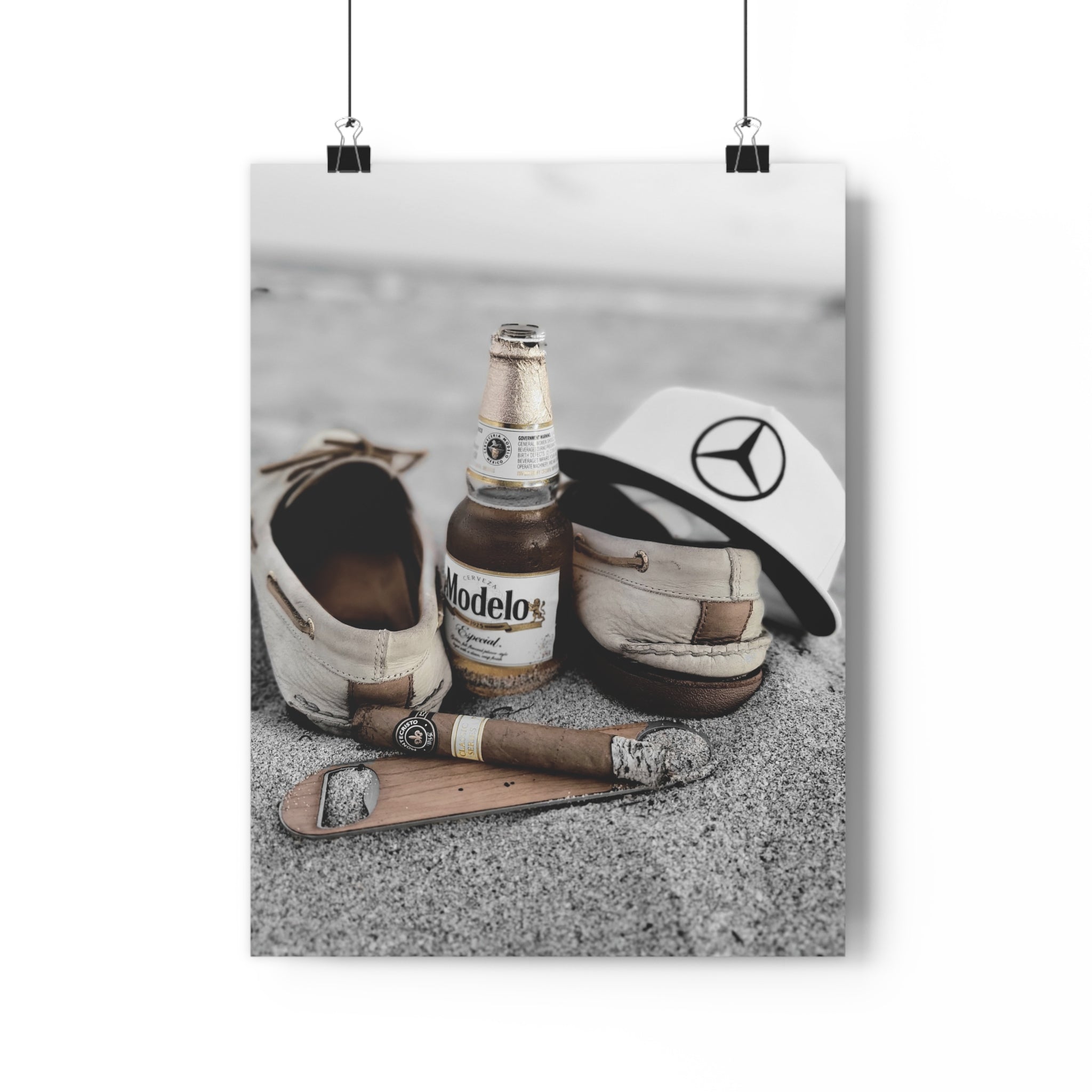 Giclée Art Print — Coastal Relaxation Still Life (Modelo Bottle, Cigar & Boat Shoes)
