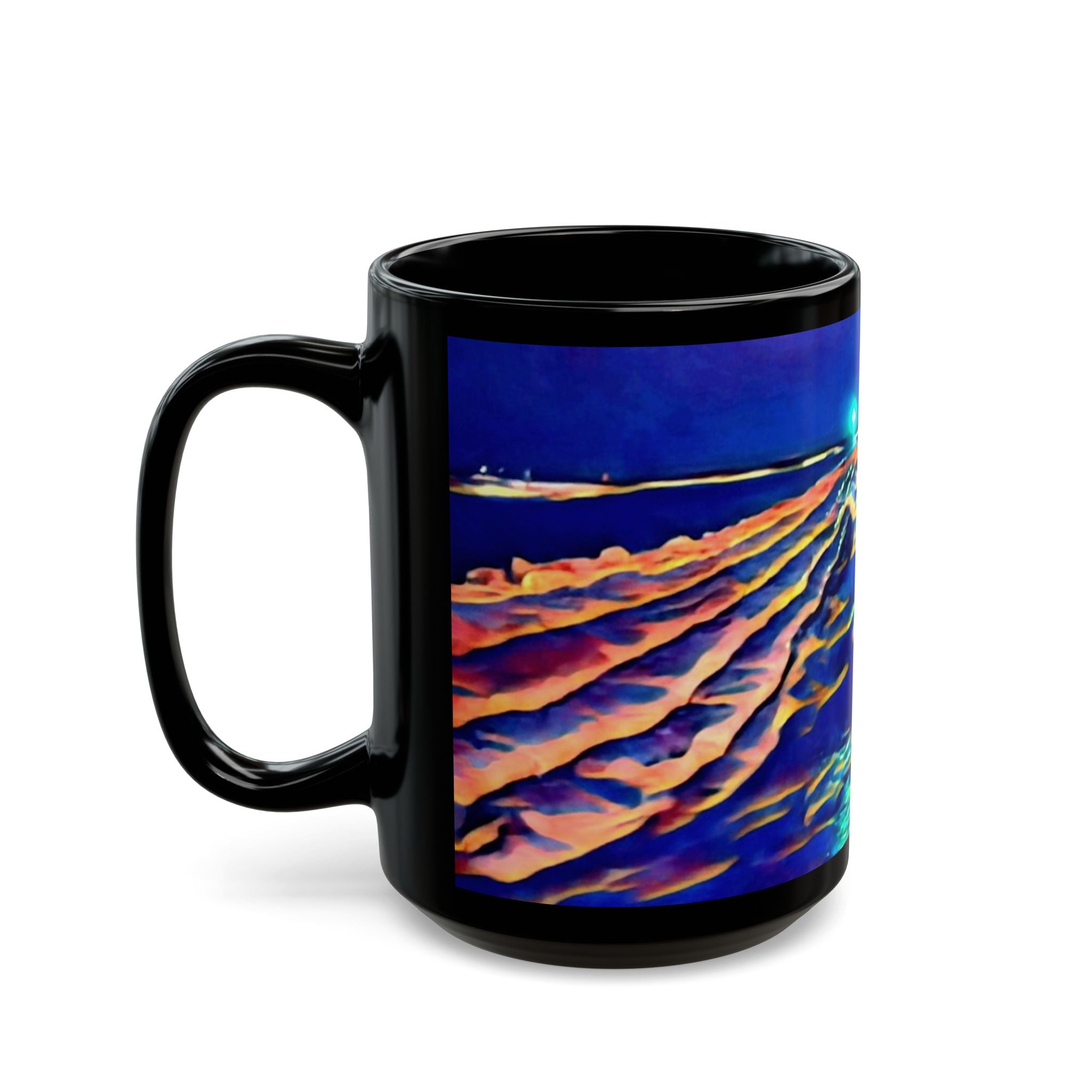 Blue Ocean Waves Black Mug — Abstract Seascape Ceramic Coffee Cup (11oz/15oz)