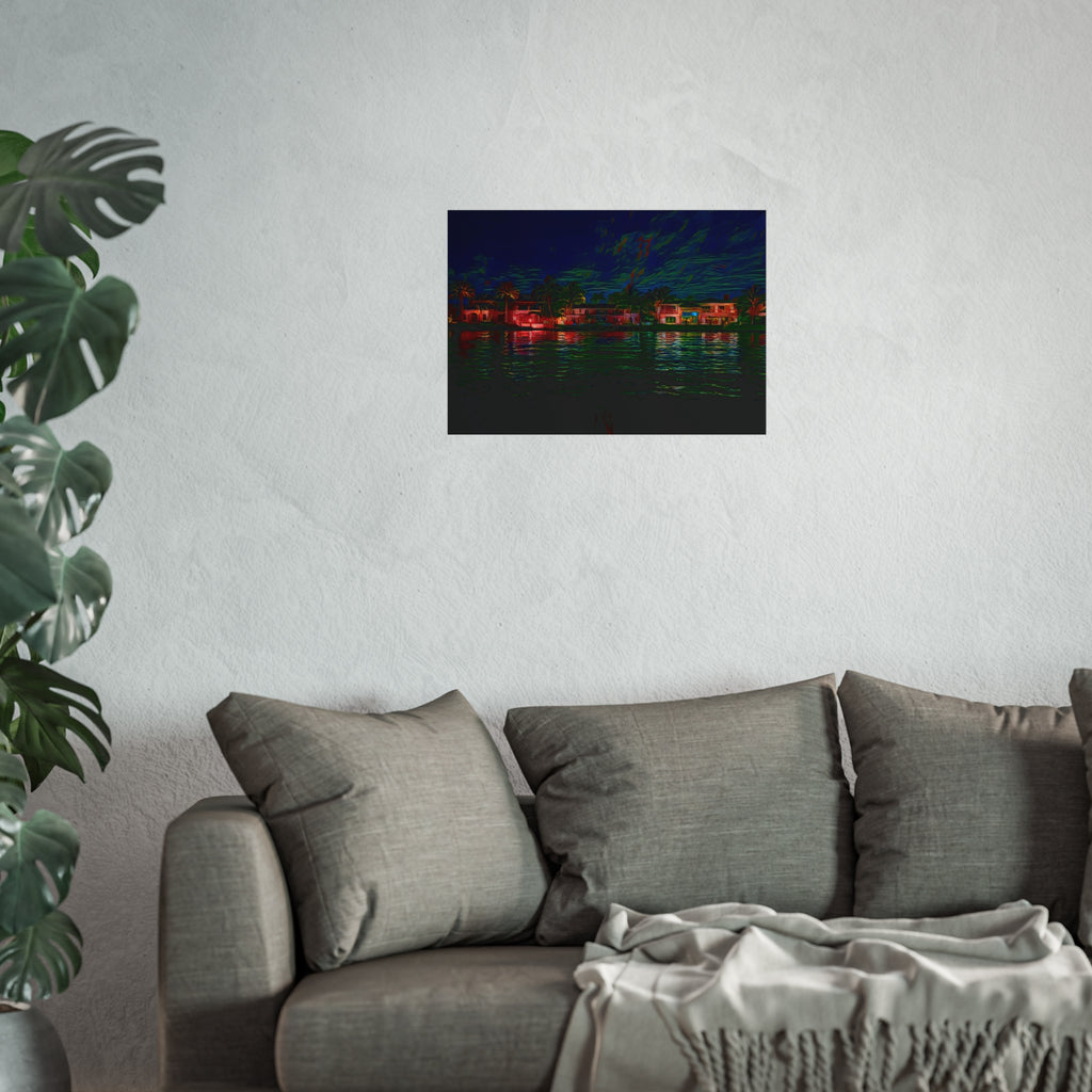Neon Waterfront Fine Art Poster — Moody Nightscape Beach Houses Print