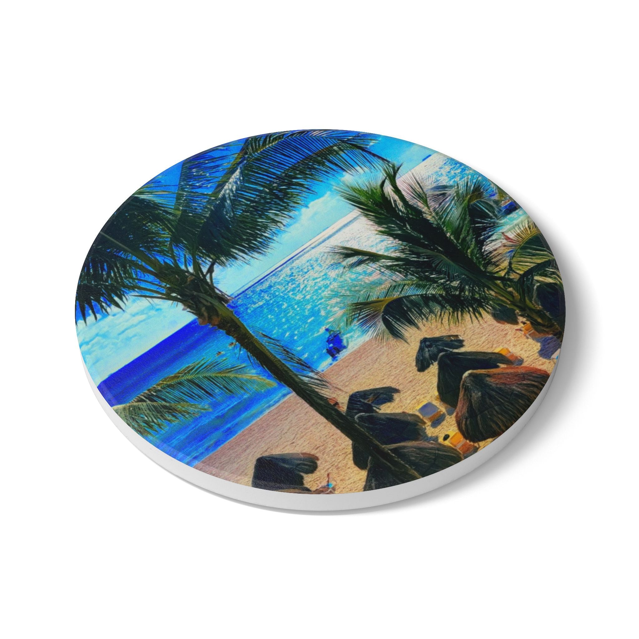Beach Palm Ceramic Coaster — Tropical Ocean Sunset Drink Coaster