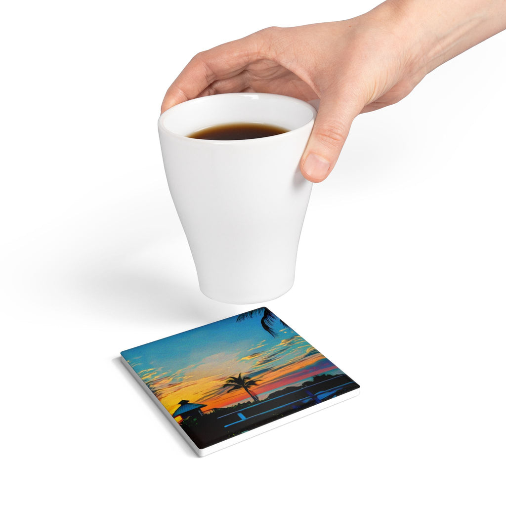 Sunset Beach Ceramic Coaster — Tropical Palm Sunset Drink Coaster