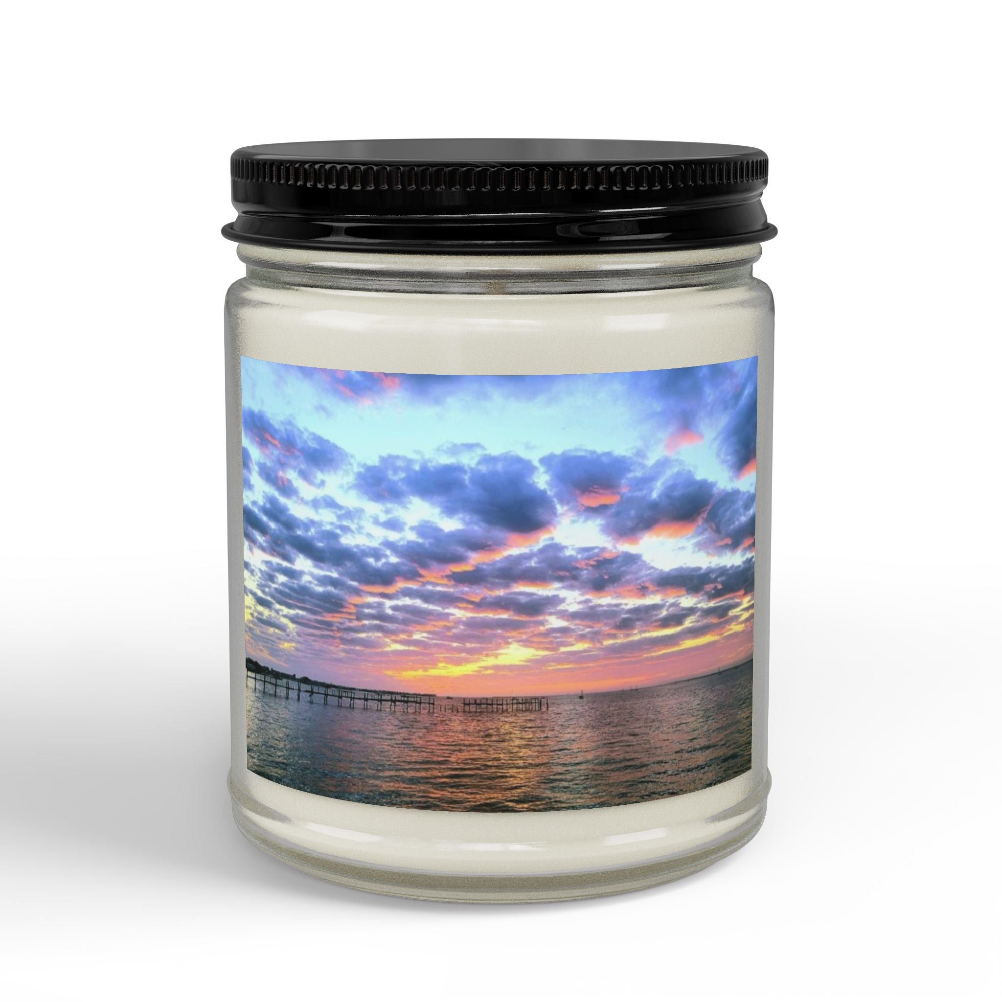 Sunset Pier Soy Candle (4oz & 9oz) — Scented Amber Jar with Black Lid