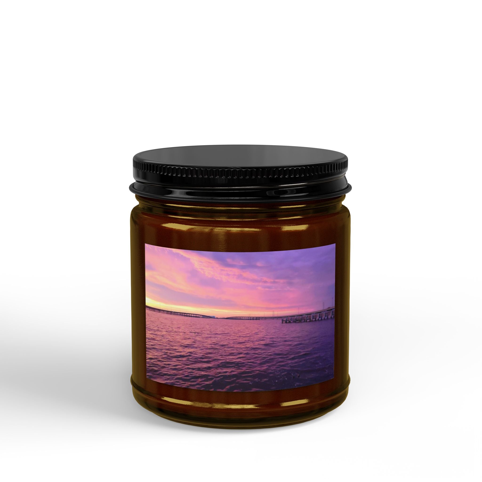 Sunset Sea Scented Soy Candle — 4oz & 9oz Amber Jar with Black Lid