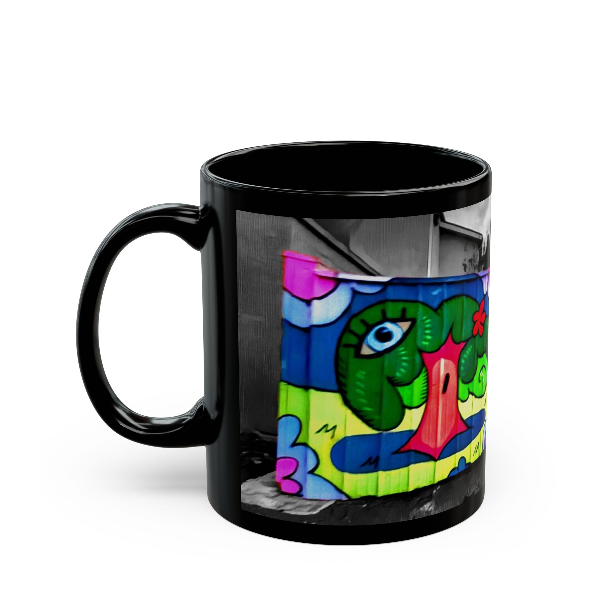 Colorful Graffiti Tree Black Mug — Urban Street Art Coffee Cup (11oz/15oz)