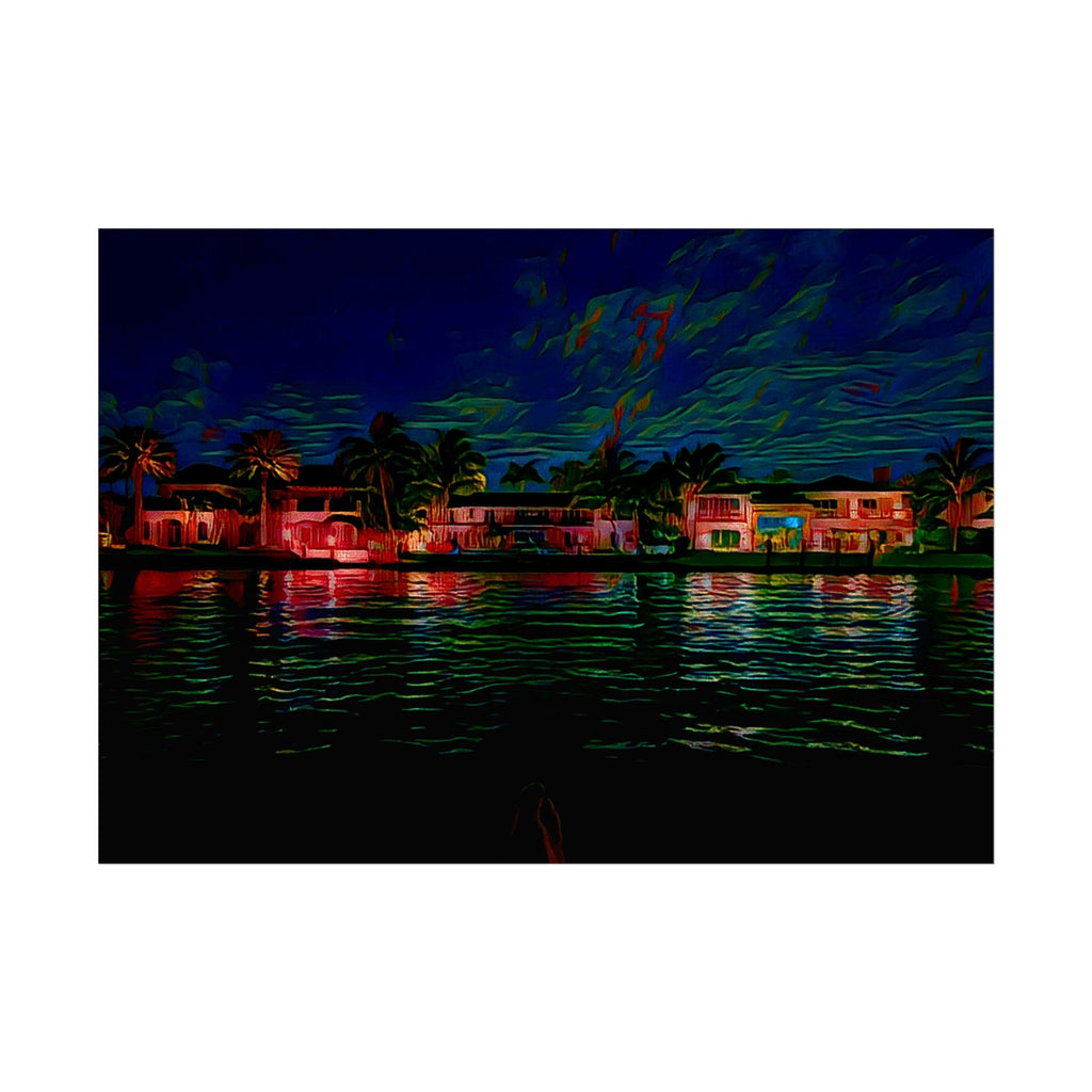 Neon Waterfront Fine Art Poster — Moody Nightscape Beach Houses Print