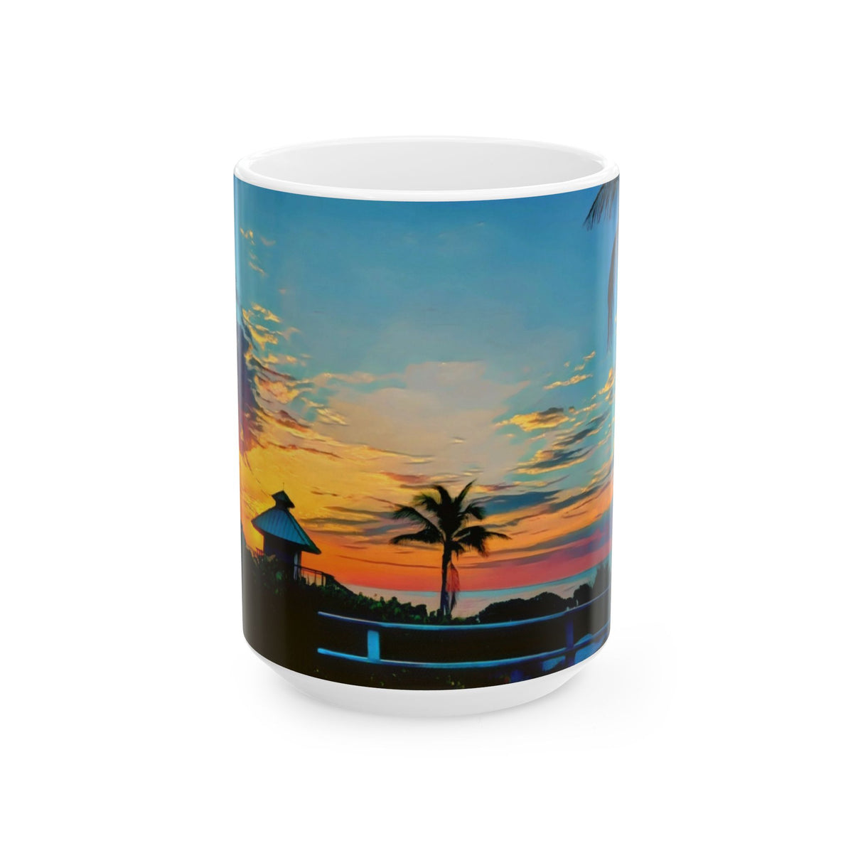 Sunset Beach Ceramic Mug — Tropical Palm Sunrise Coffee Cup (11oz, 15oz)