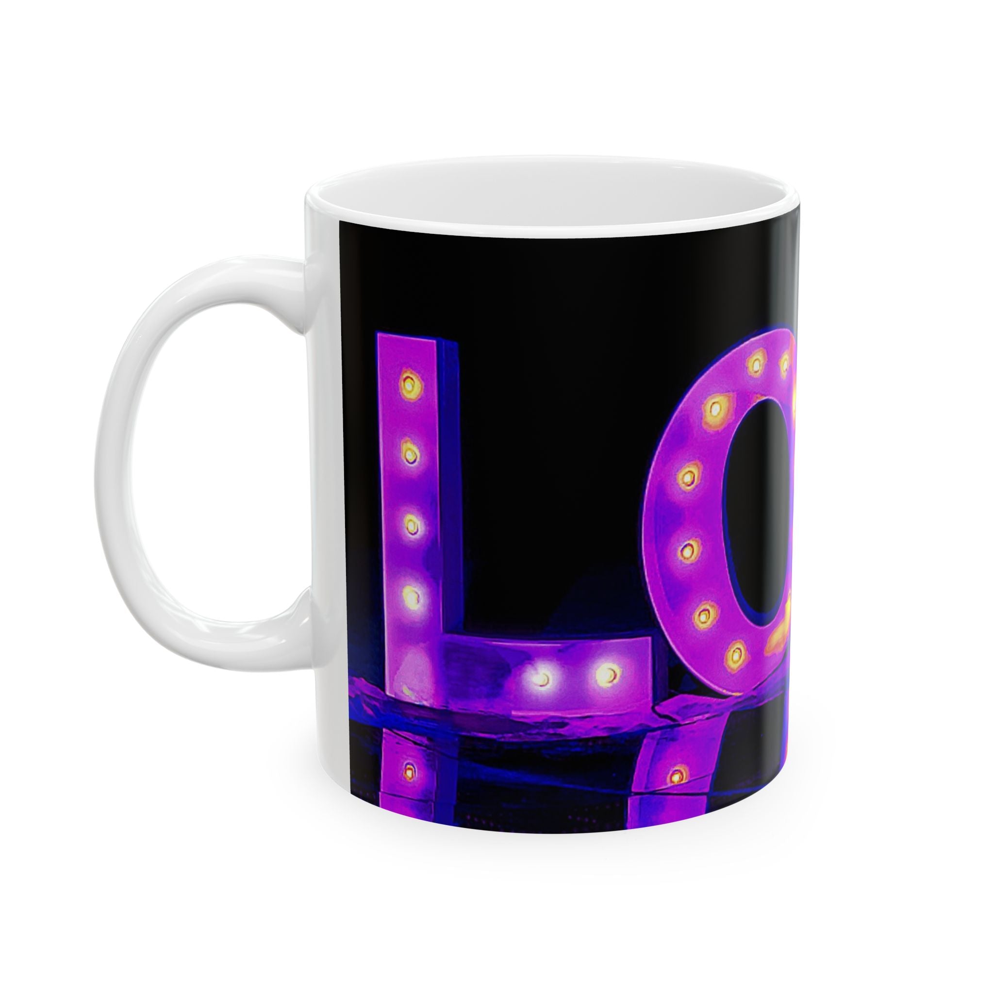 Love Marquee Ceramic Mug — Neon Purple LED Sign Coffee Cup (11oz & 15oz)