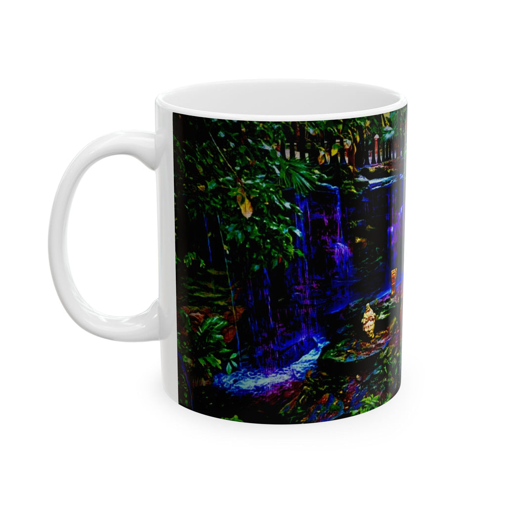Garden Waterfall Ceramic Mug — Tranquil Forest Scenic Coffee Cup (11oz/15oz)