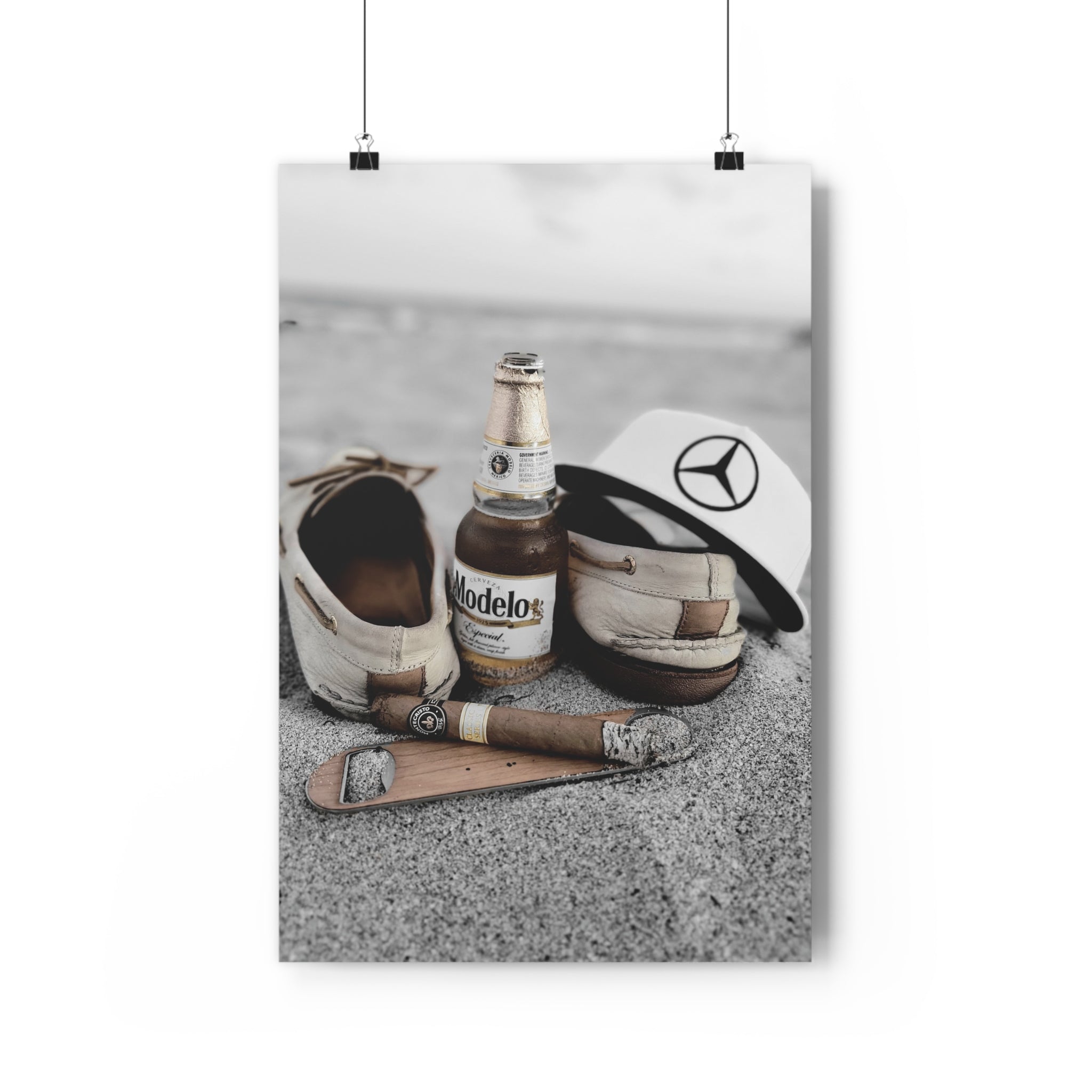 Giclée Art Print — Coastal Relaxation Still Life (Modelo Bottle, Cigar & Boat Shoes)