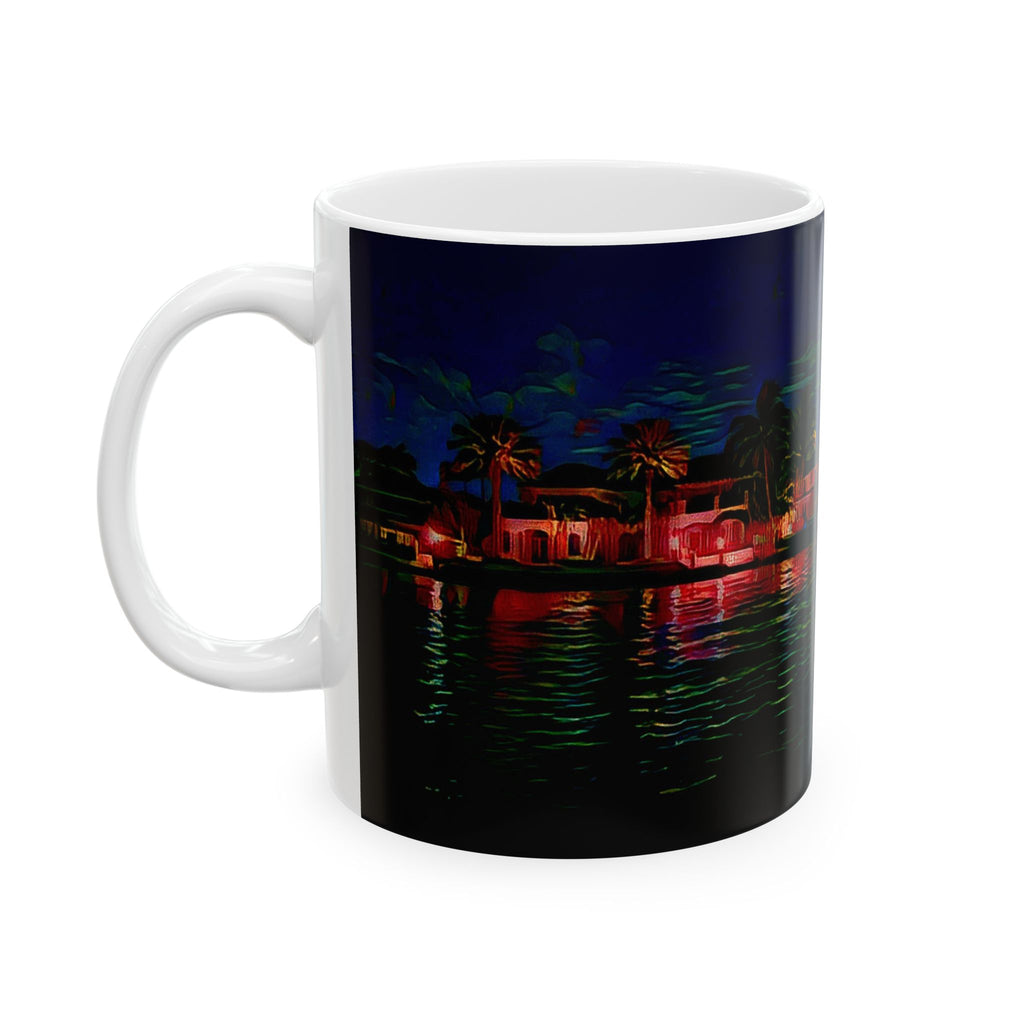 Coastal Nightscape Ceramic Mug — Tropical Harbor at Night, 11oz & 15oz