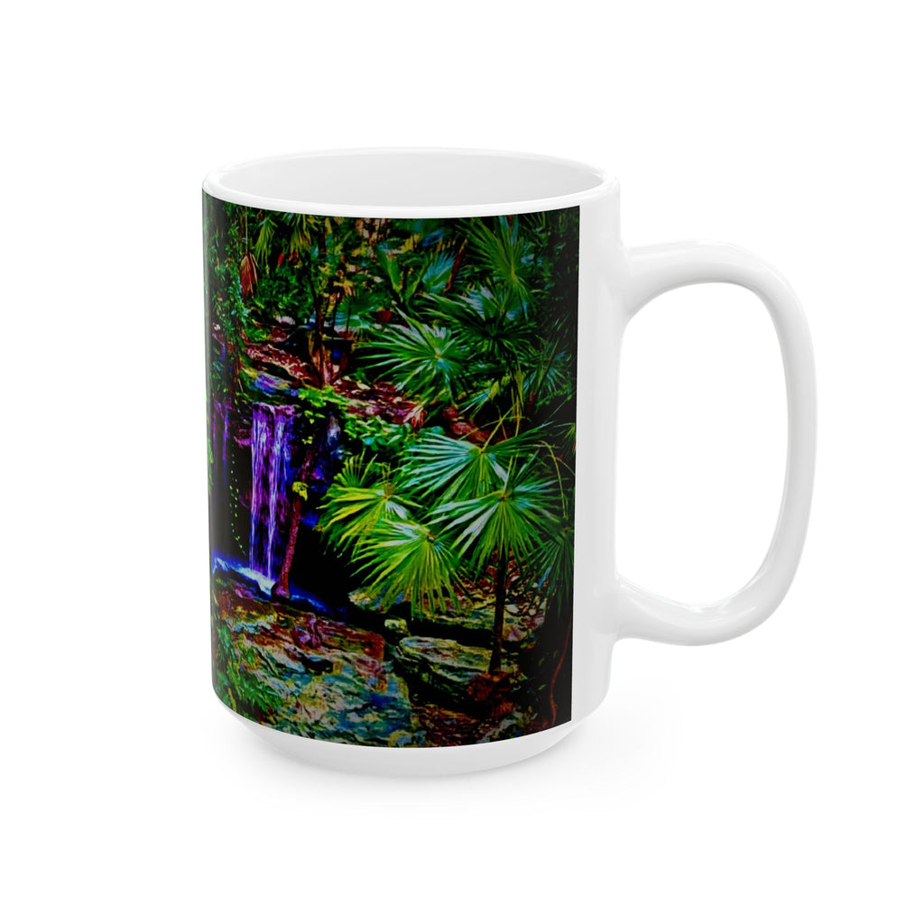 Garden Waterfall Ceramic Mug — Tranquil Forest Scenic Coffee Cup (11oz/15oz)