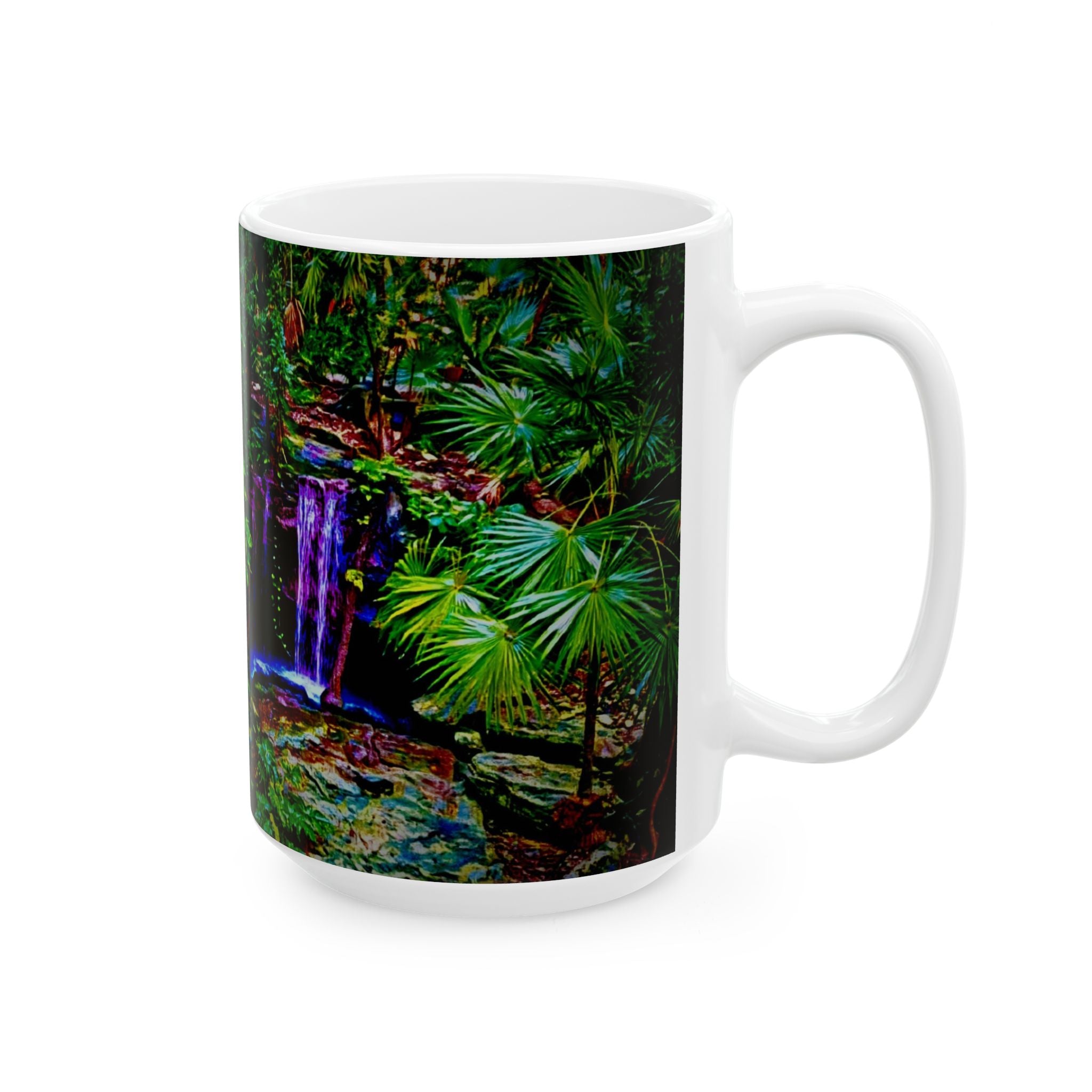 Garden Waterfall Ceramic Mug — Tranquil Forest Scenic Coffee Cup (11oz/15oz)