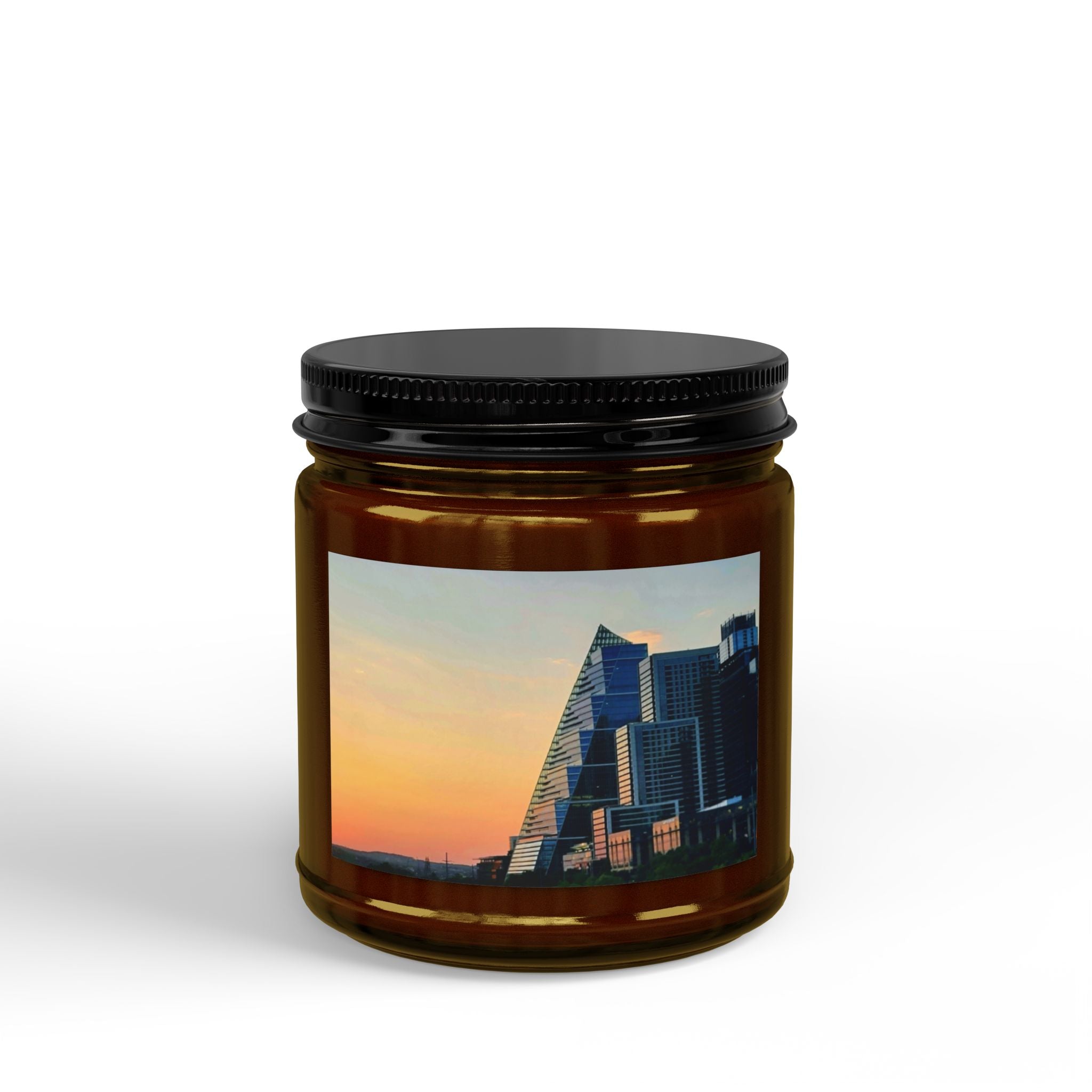 Sunset Cityscape Soy Candle — Amber Jar Scented Candle (4oz & 9oz)
