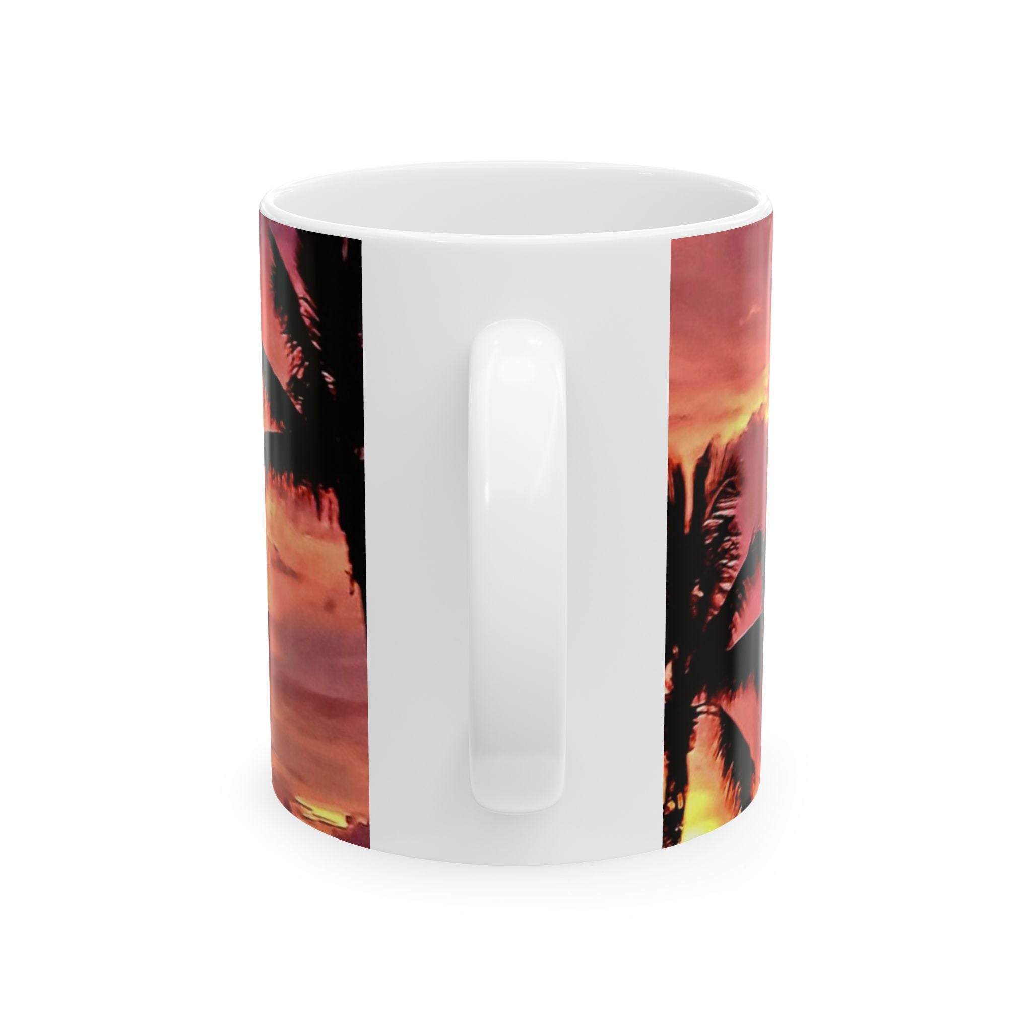 Sunset Palm Heart Ceramic Mug — Tropical Beach Coffee Cup (11oz & 15oz)