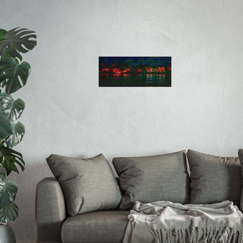 Neon Waterfront Fine Art Poster — Moody Nightscape Beach Houses Print