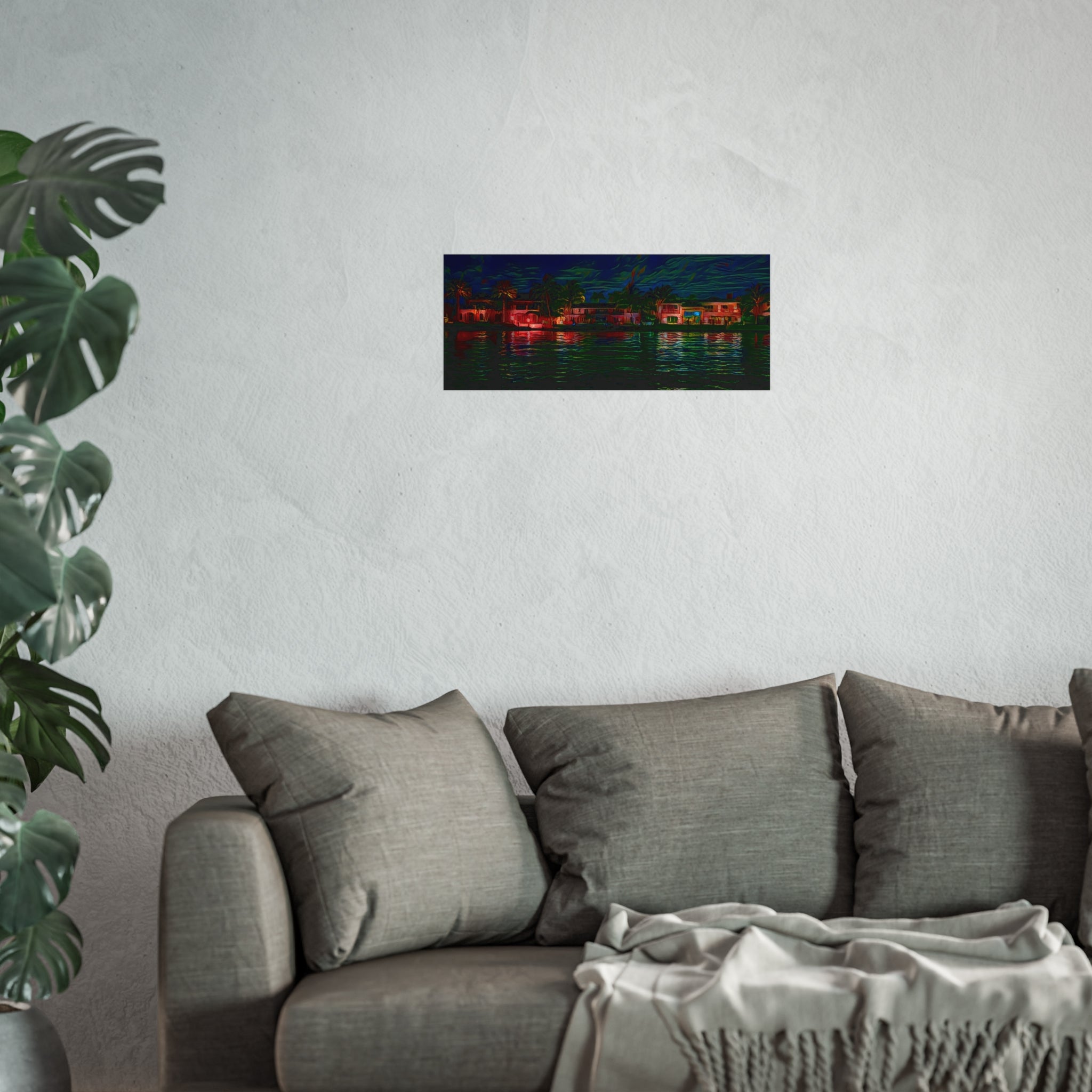 Neon Waterfront Fine Art Poster — Moody Nightscape Beach Houses Print