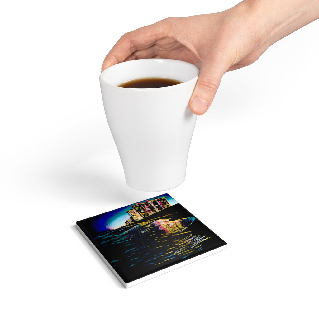 Beach Night Reflection Ceramic Coaster — Coastal Sunset Art Drink Saver