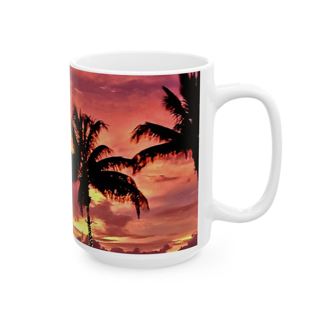 Sunset Palm Heart Ceramic Mug — Tropical Beach Coffee Cup (11oz & 15oz)