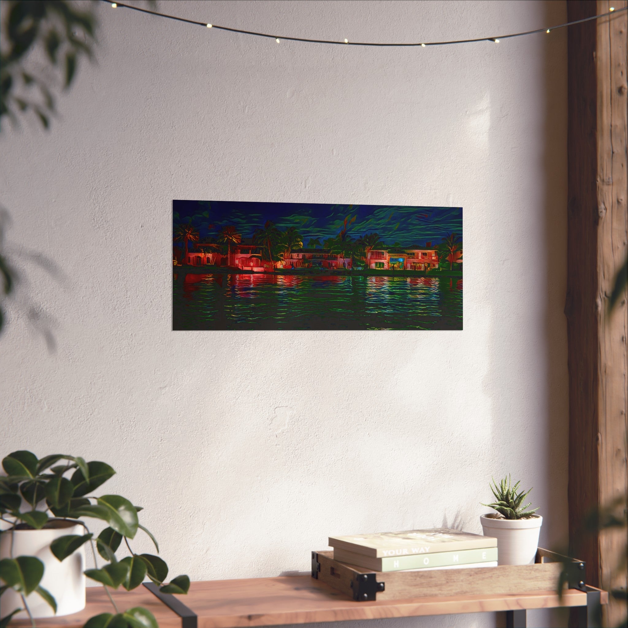 Neon Waterfront Fine Art Poster — Moody Nightscape Beach Houses Print