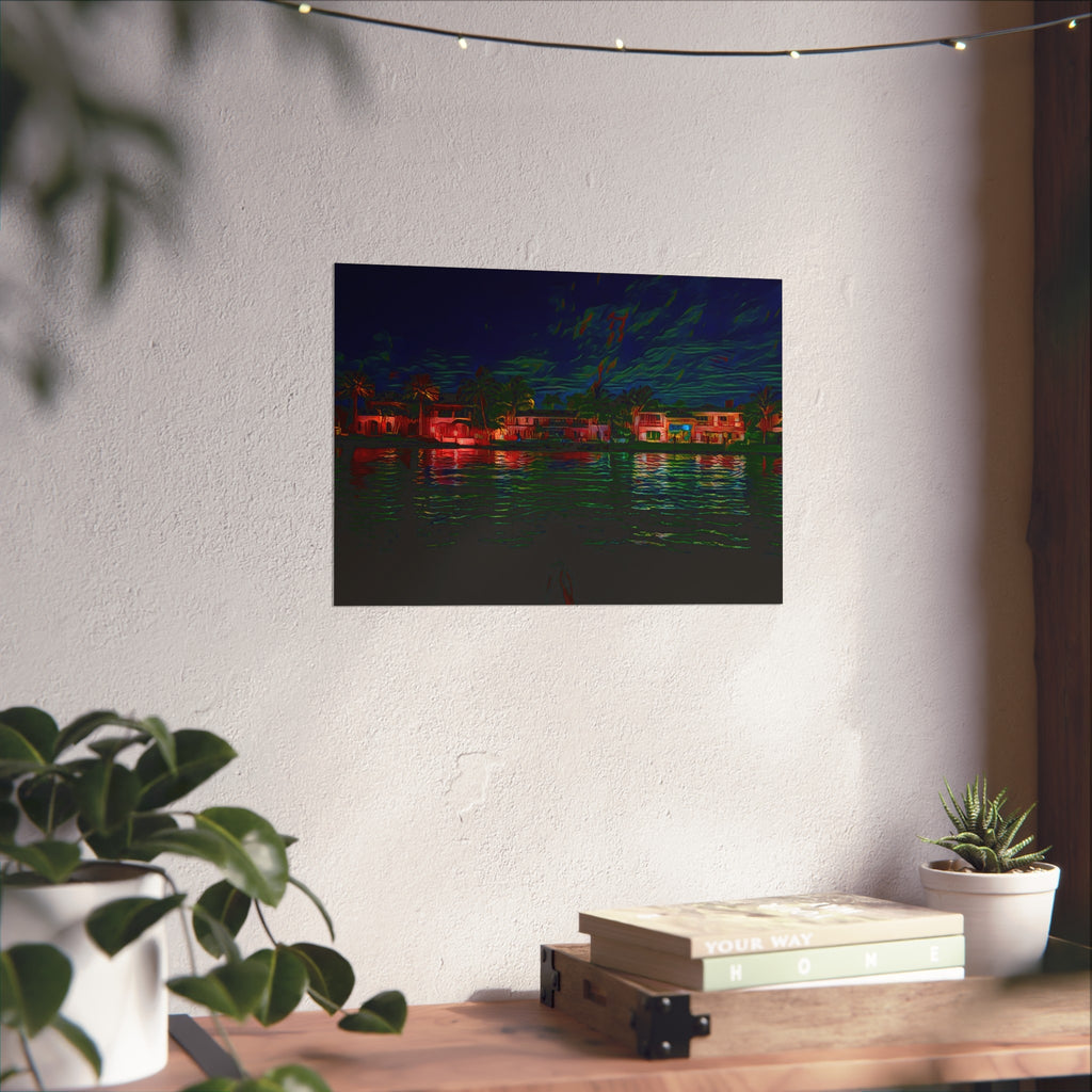 Neon Waterfront Fine Art Poster — Moody Nightscape Beach Houses Print