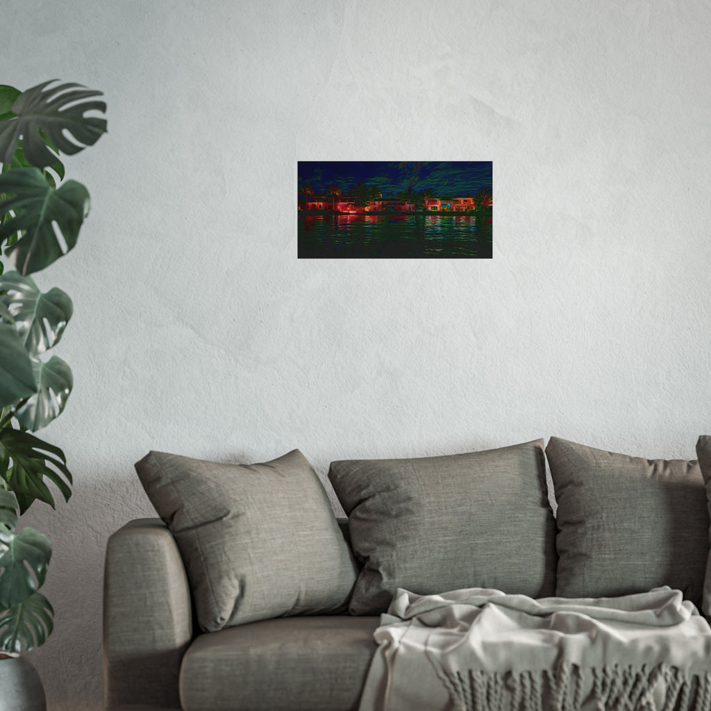 Neon Waterfront Fine Art Poster — Moody Nightscape Beach Houses Print