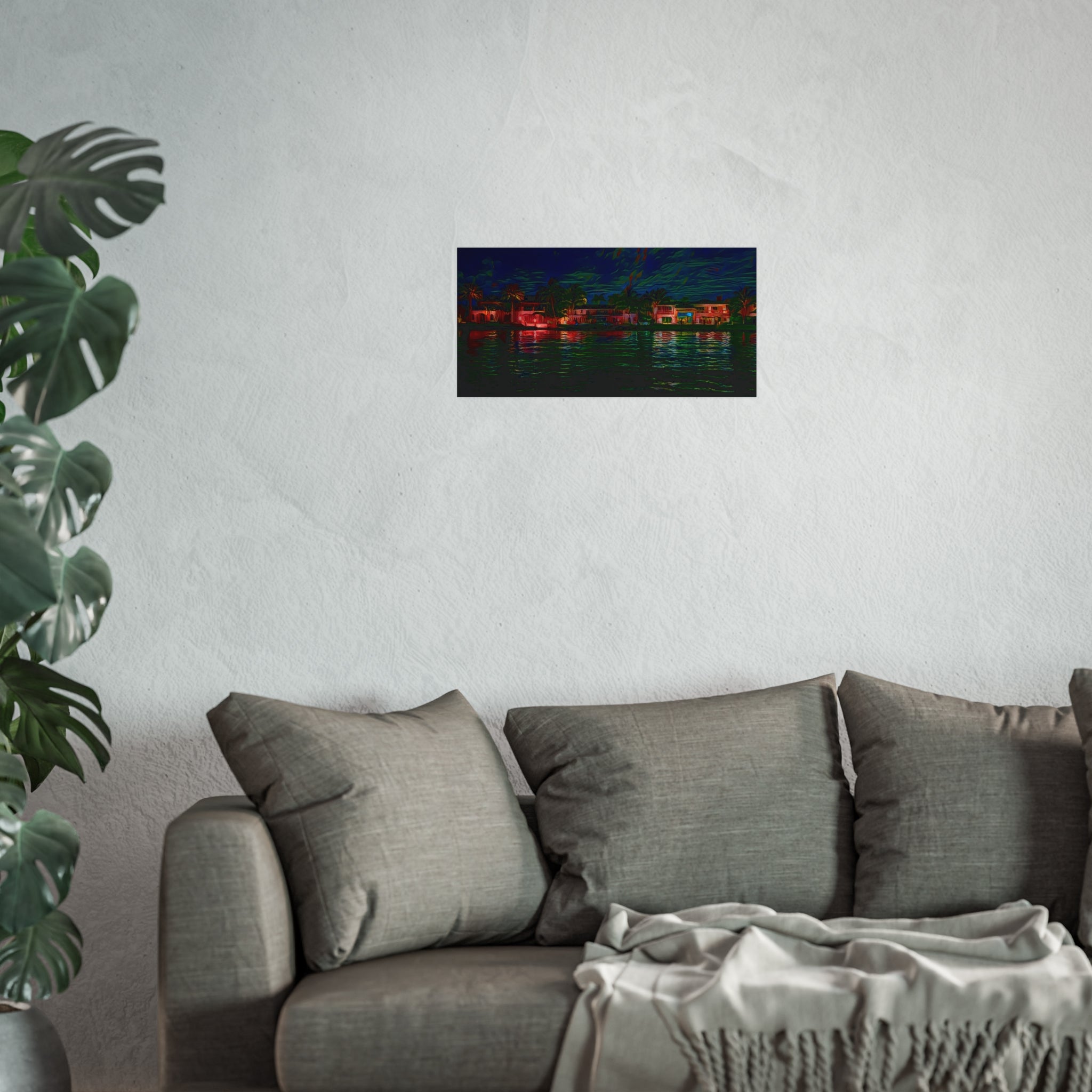 Neon Waterfront Fine Art Poster — Moody Nightscape Beach Houses Print