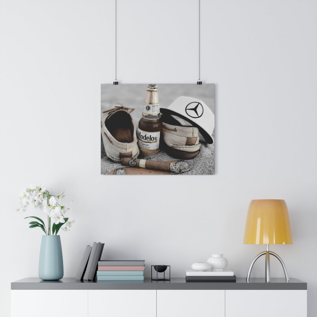 Giclée Art Print — Coastal Relaxation Still Life (Modelo Bottle, Cigar & Boat Shoes)