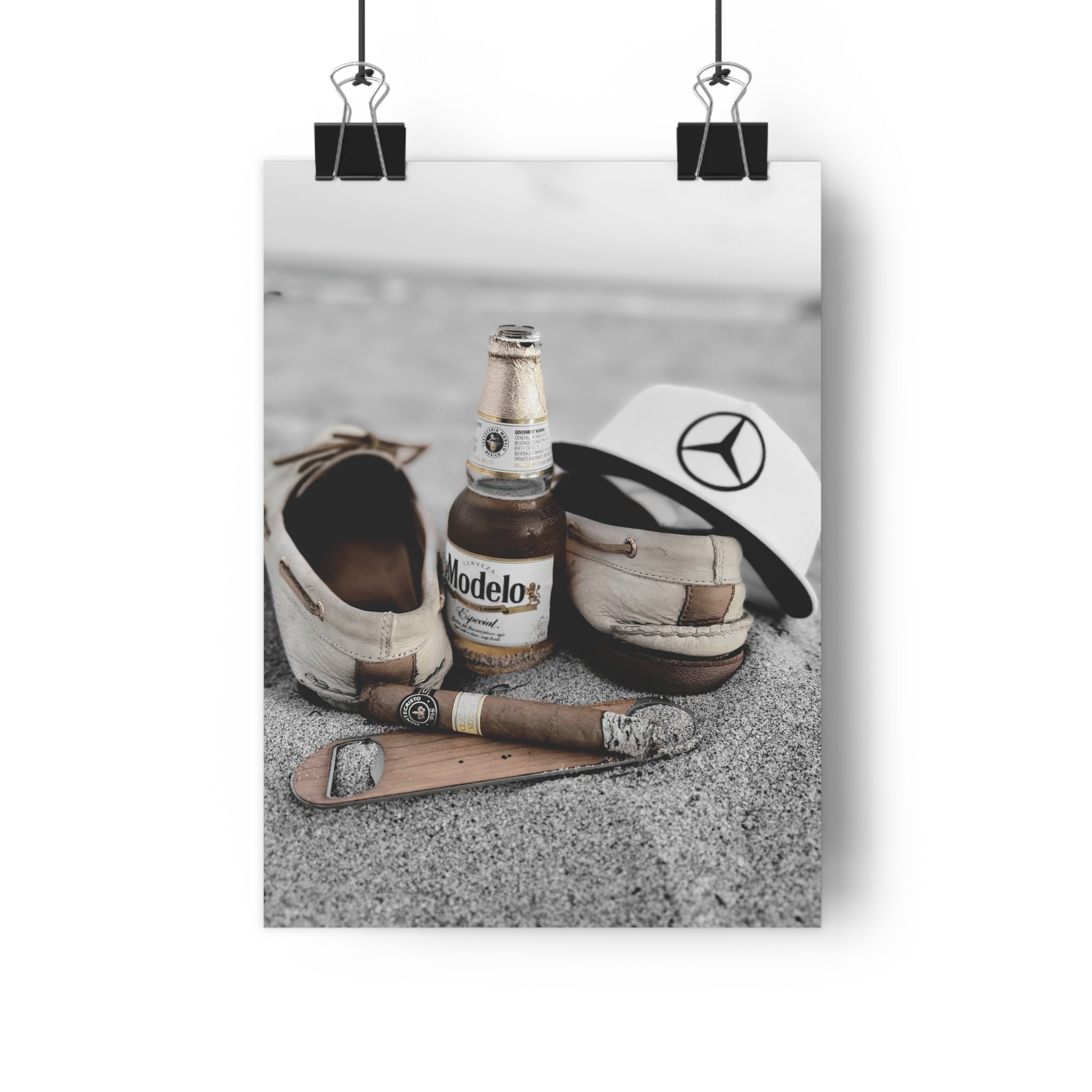 Giclée Art Print — Coastal Relaxation Still Life (Modelo Bottle, Cigar & Boat Shoes)