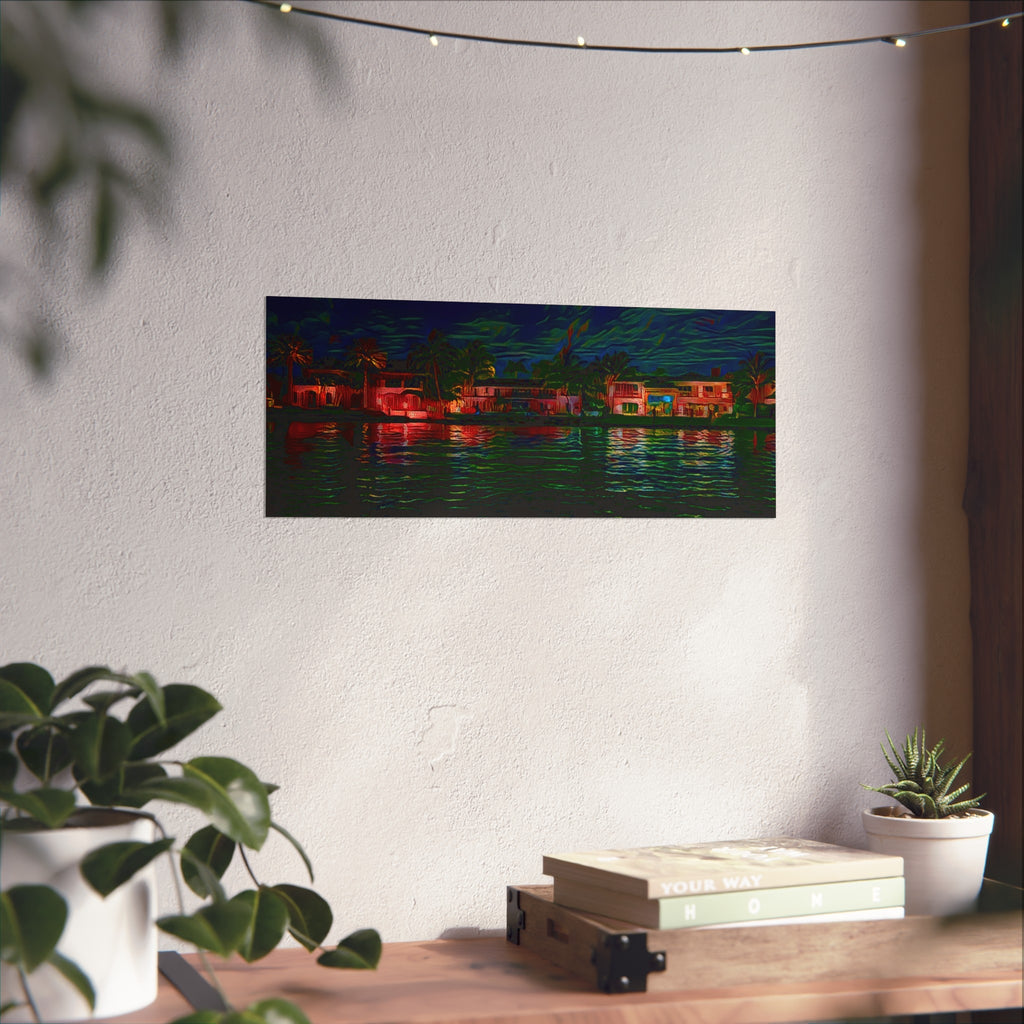 Neon Waterfront Fine Art Poster — Moody Nightscape Beach Houses Print