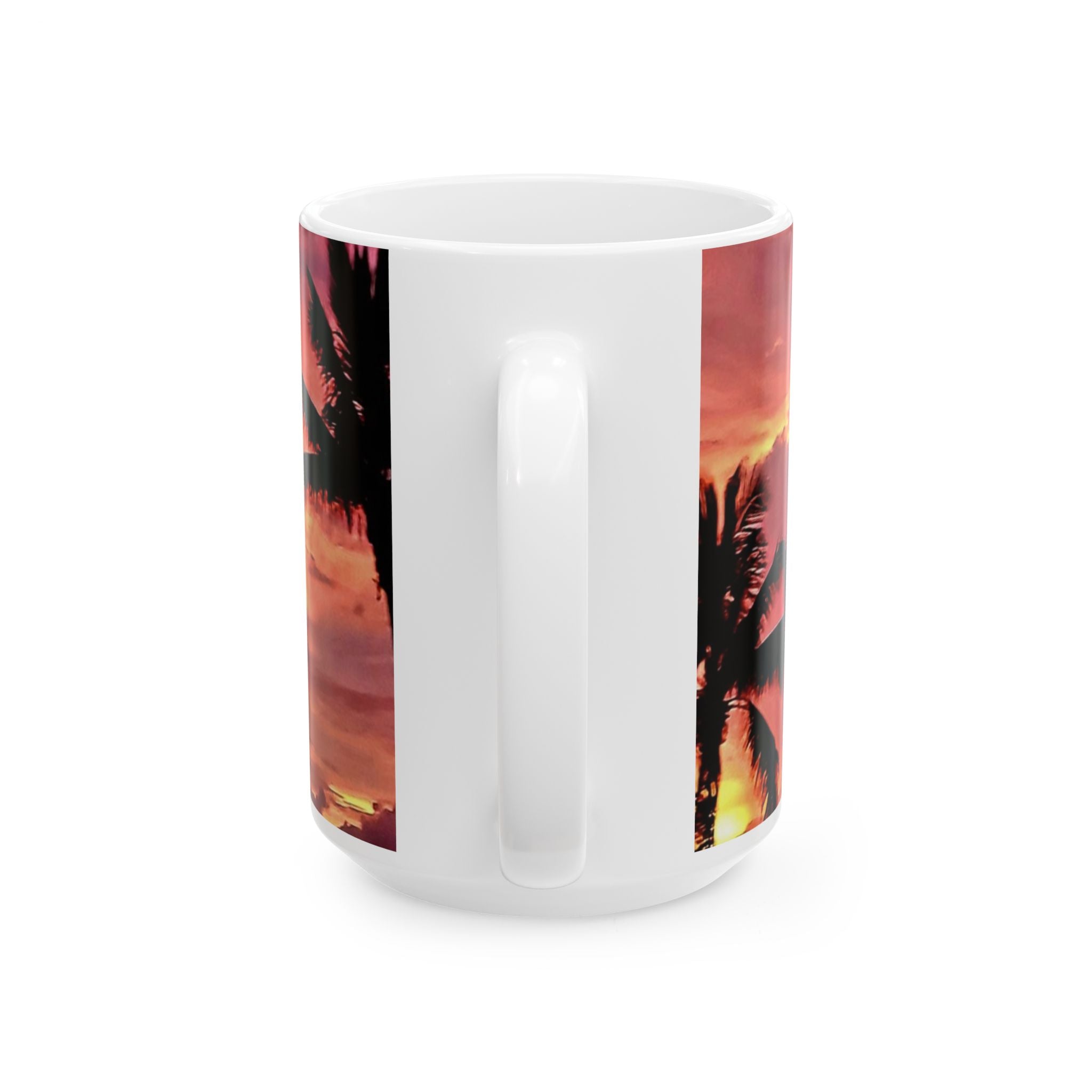Sunset Palm Heart Ceramic Mug — Tropical Beach Coffee Cup (11oz & 15oz)