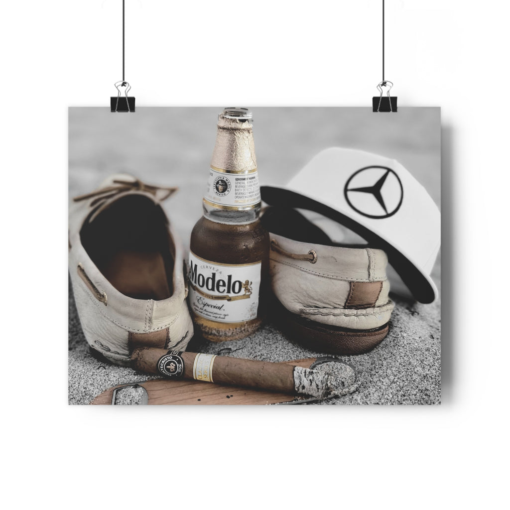 Giclée Art Print — Coastal Relaxation Still Life (Modelo Bottle, Cigar & Boat Shoes)