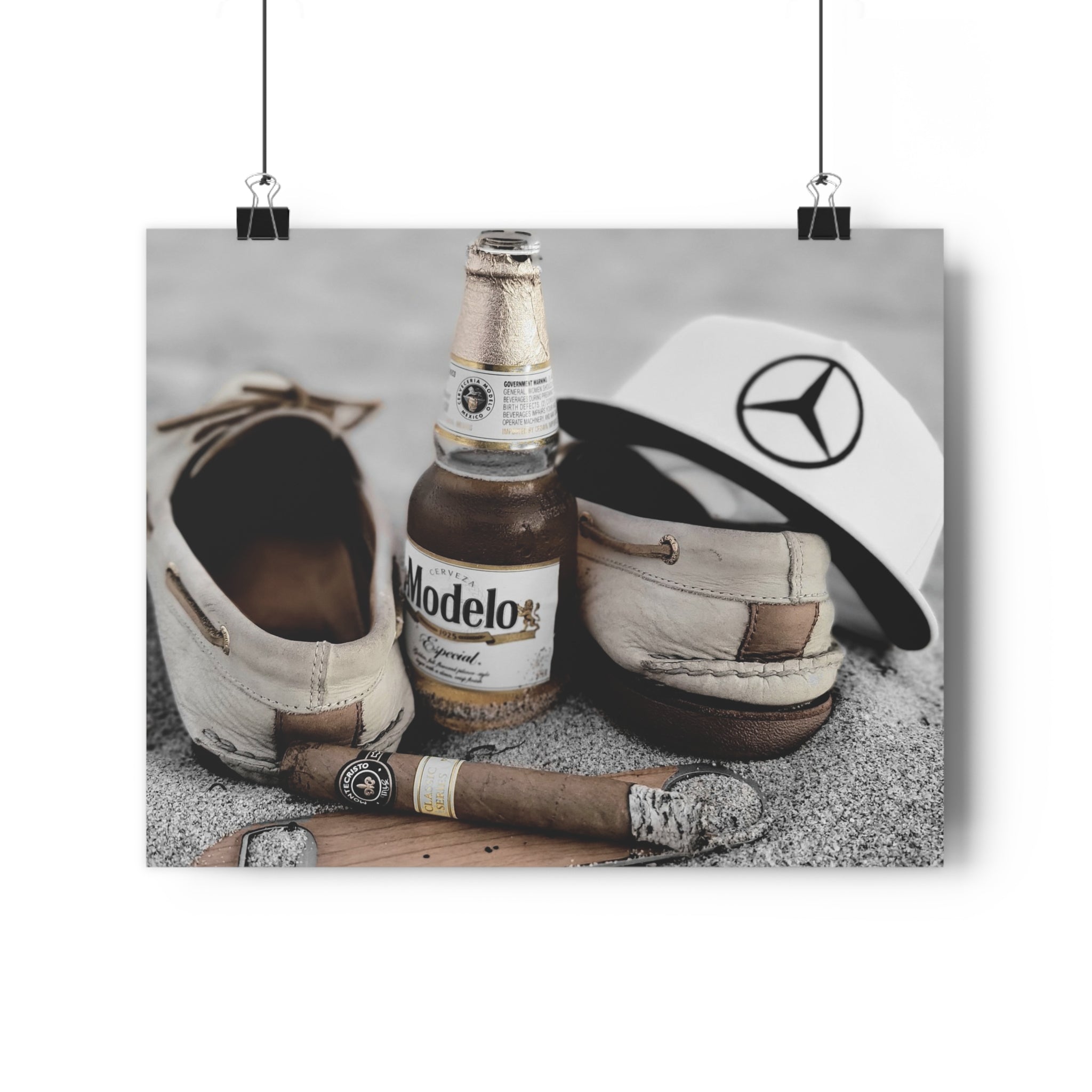 Giclée Art Print — Coastal Relaxation Still Life (Modelo Bottle, Cigar & Boat Shoes)