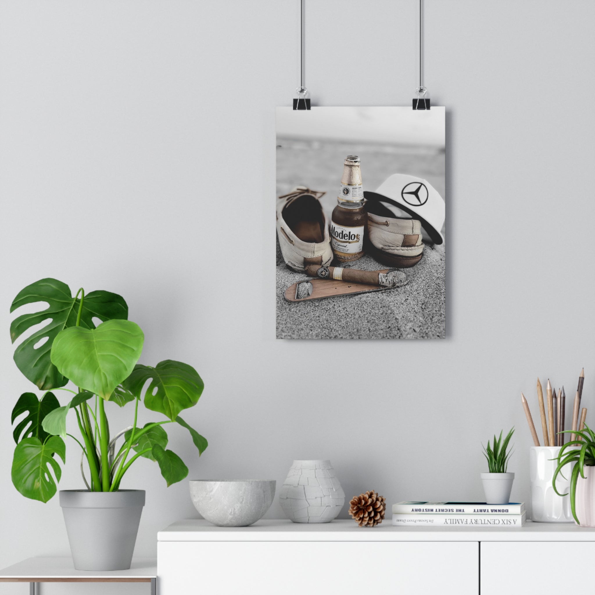 Giclée Art Print — Coastal Relaxation Still Life (Modelo Bottle, Cigar & Boat Shoes)