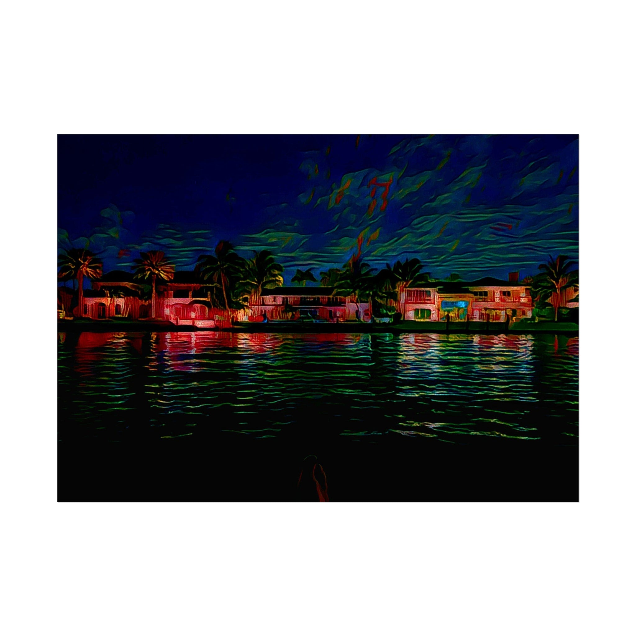 Neon Waterfront Fine Art Poster — Moody Nightscape Beach Houses Print