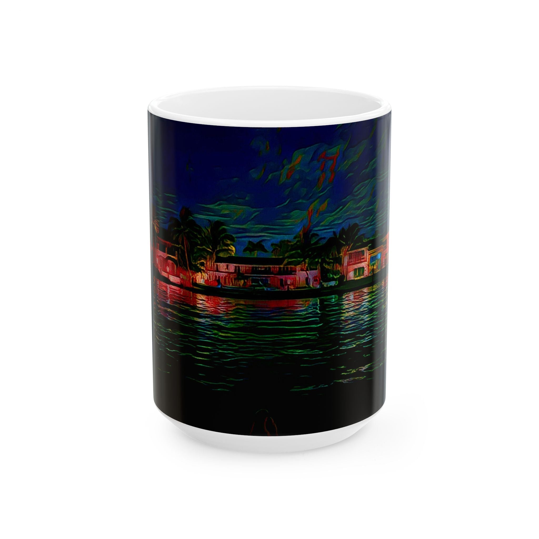 Coastal Nightscape Ceramic Mug — Tropical Harbor at Night, 11oz & 15oz