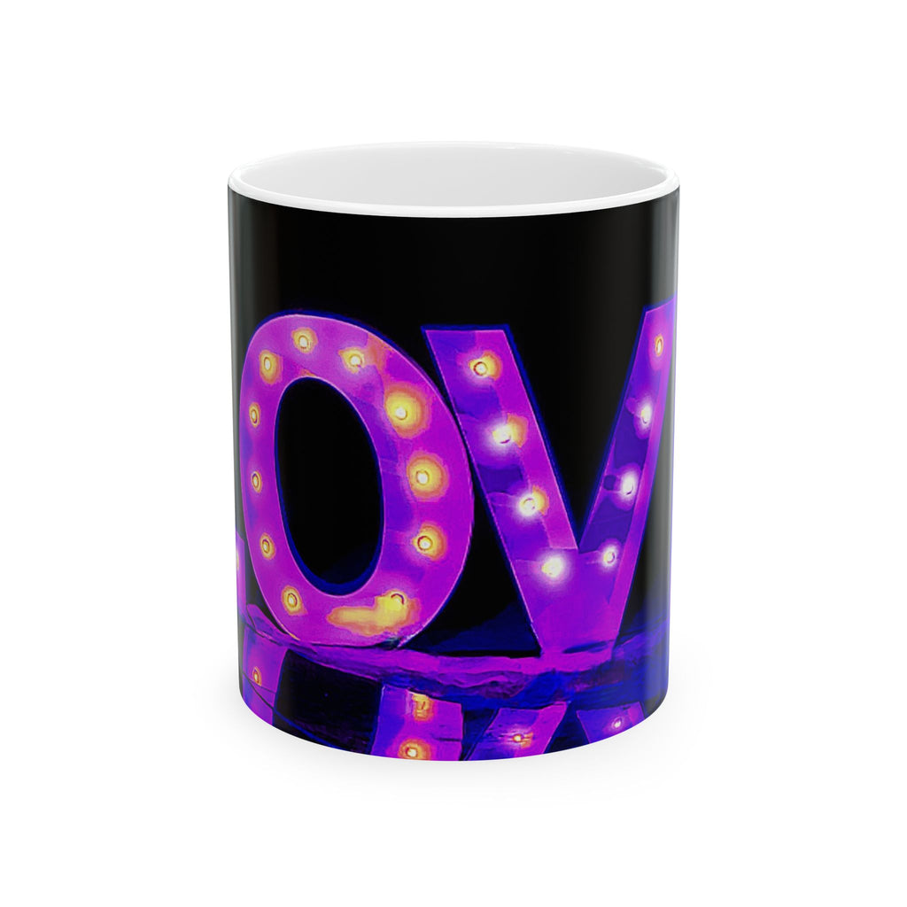 Love Marquee Ceramic Mug — Neon Purple LED Sign Coffee Cup (11oz & 15oz)