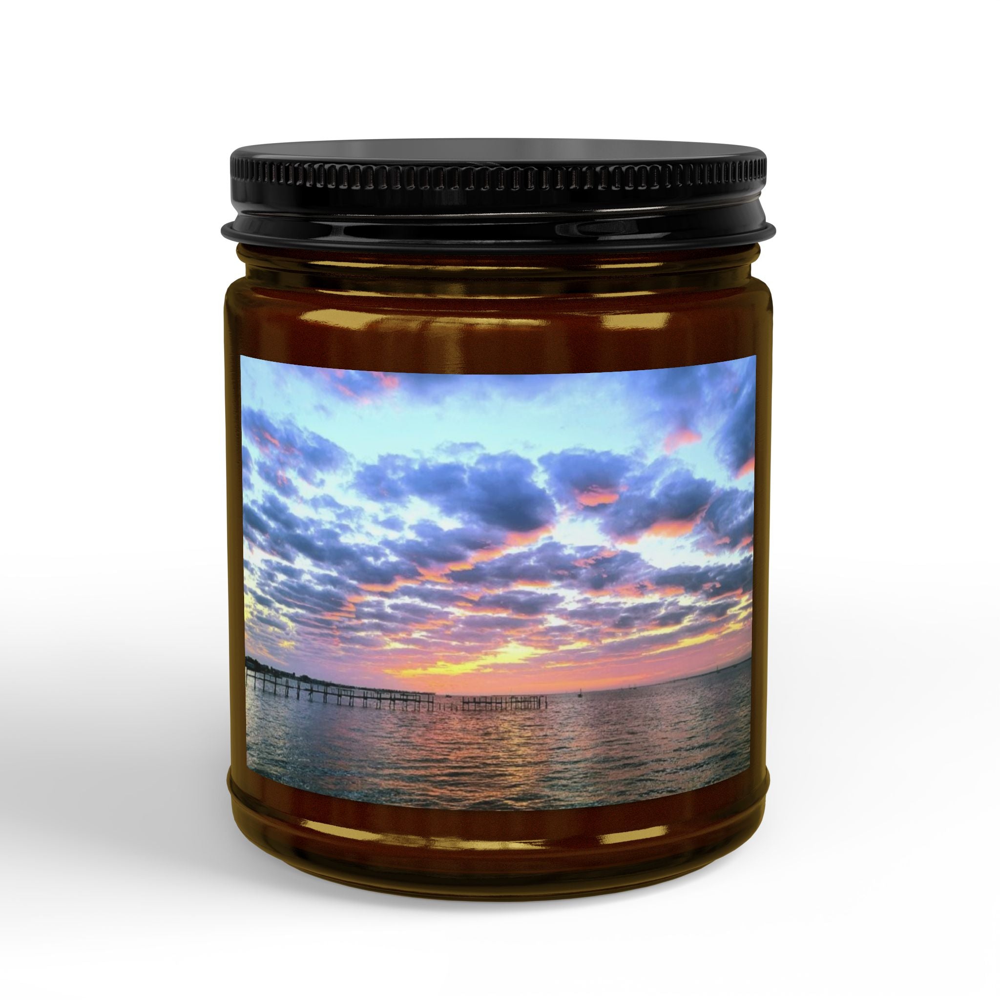 Sunset Pier Soy Candle (4oz & 9oz) — Scented Amber Jar with Black Lid