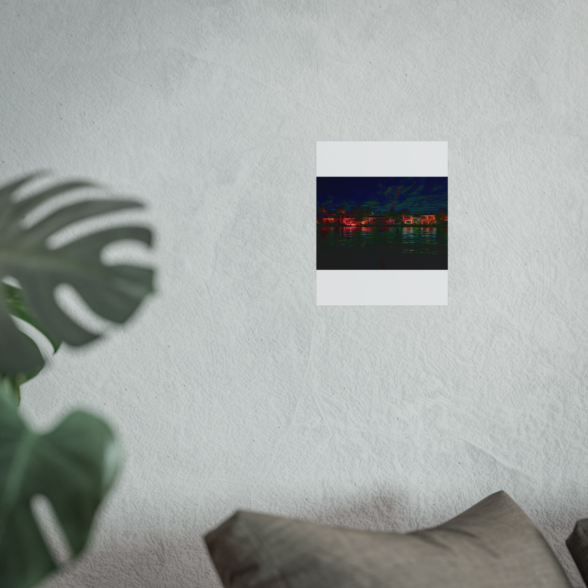 Neon Waterfront Fine Art Poster — Moody Nightscape Beach Houses Print