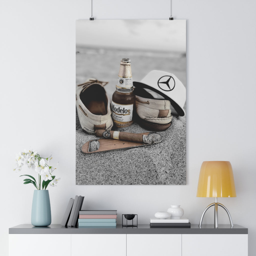 Giclée Art Print — Coastal Relaxation Still Life (Modelo Bottle, Cigar & Boat Shoes)