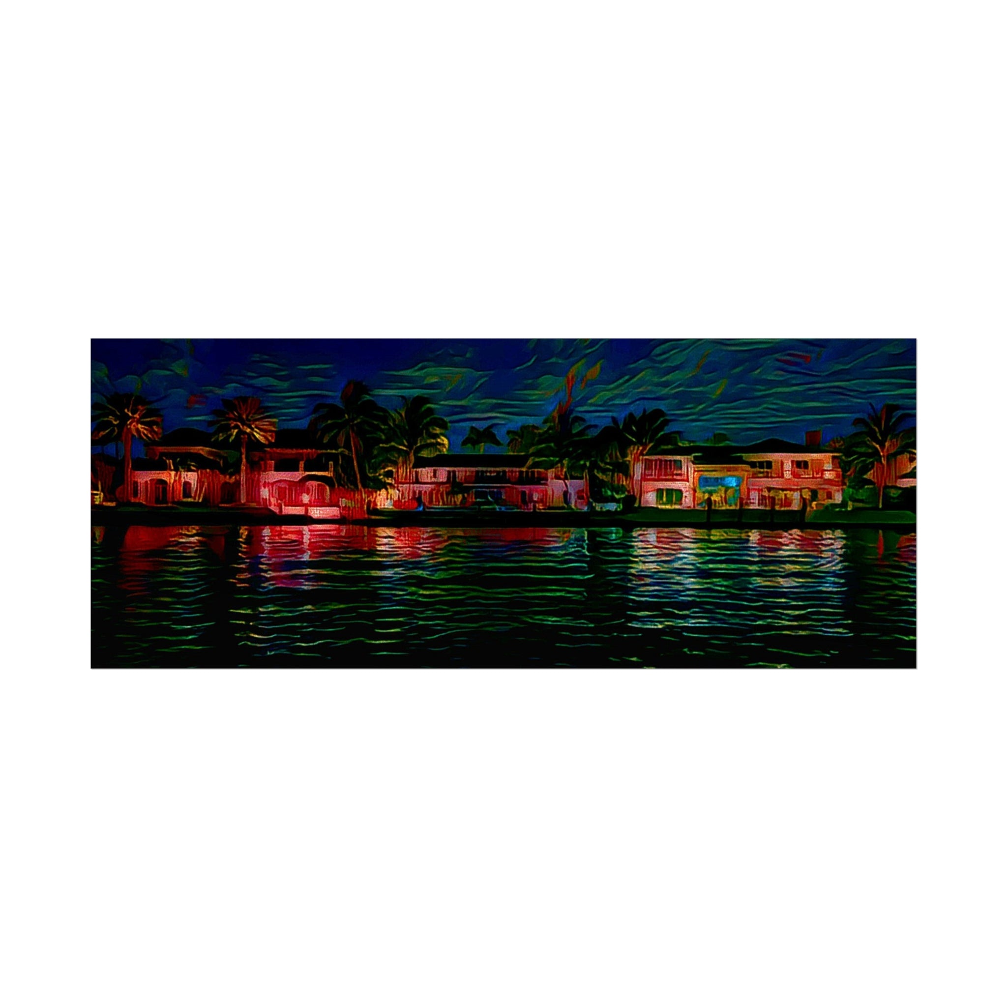Neon Waterfront Fine Art Poster — Moody Nightscape Beach Houses Print
