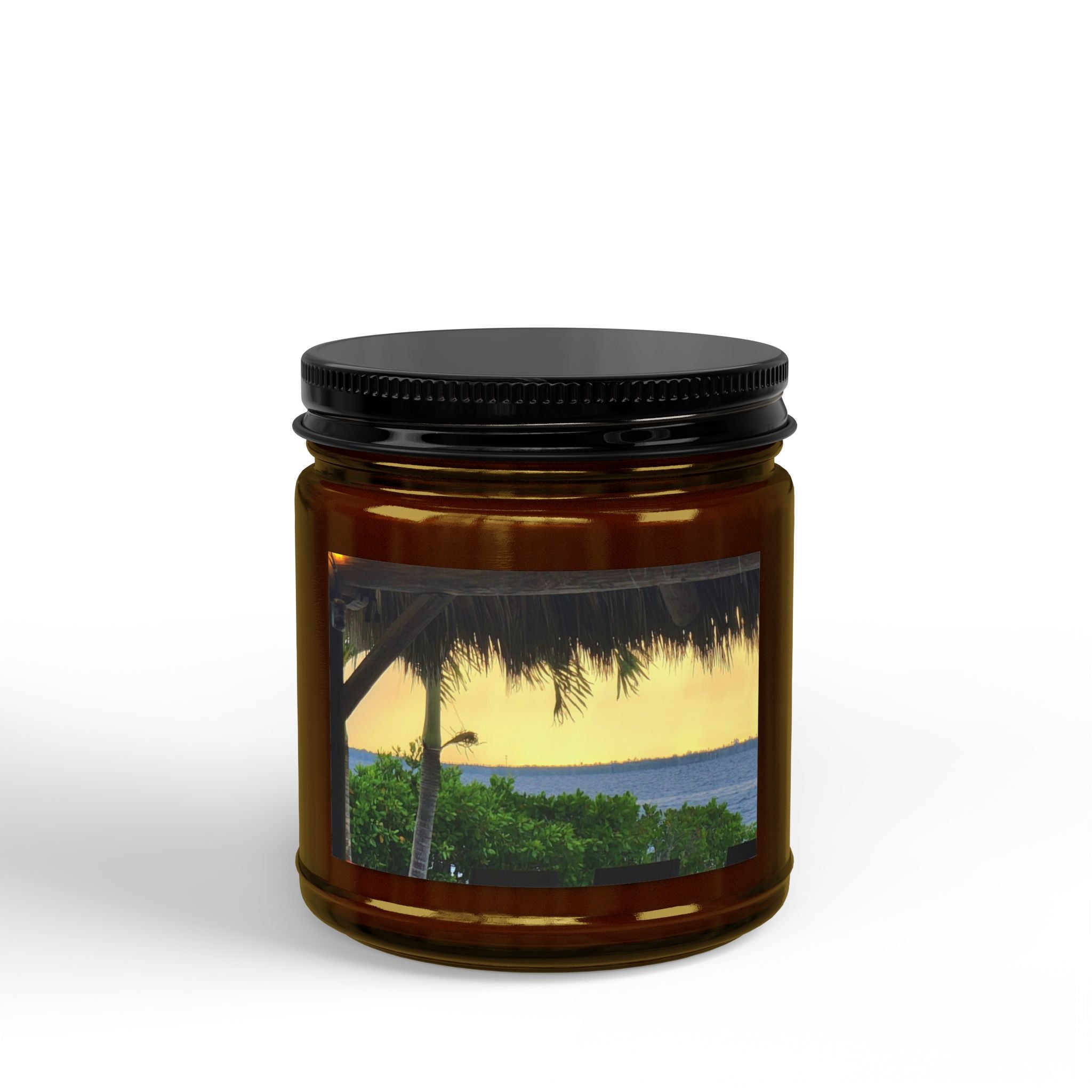 Tropical Soy Candle – Beach Sunset Scented Jar (4oz & 9oz, Black Lid)