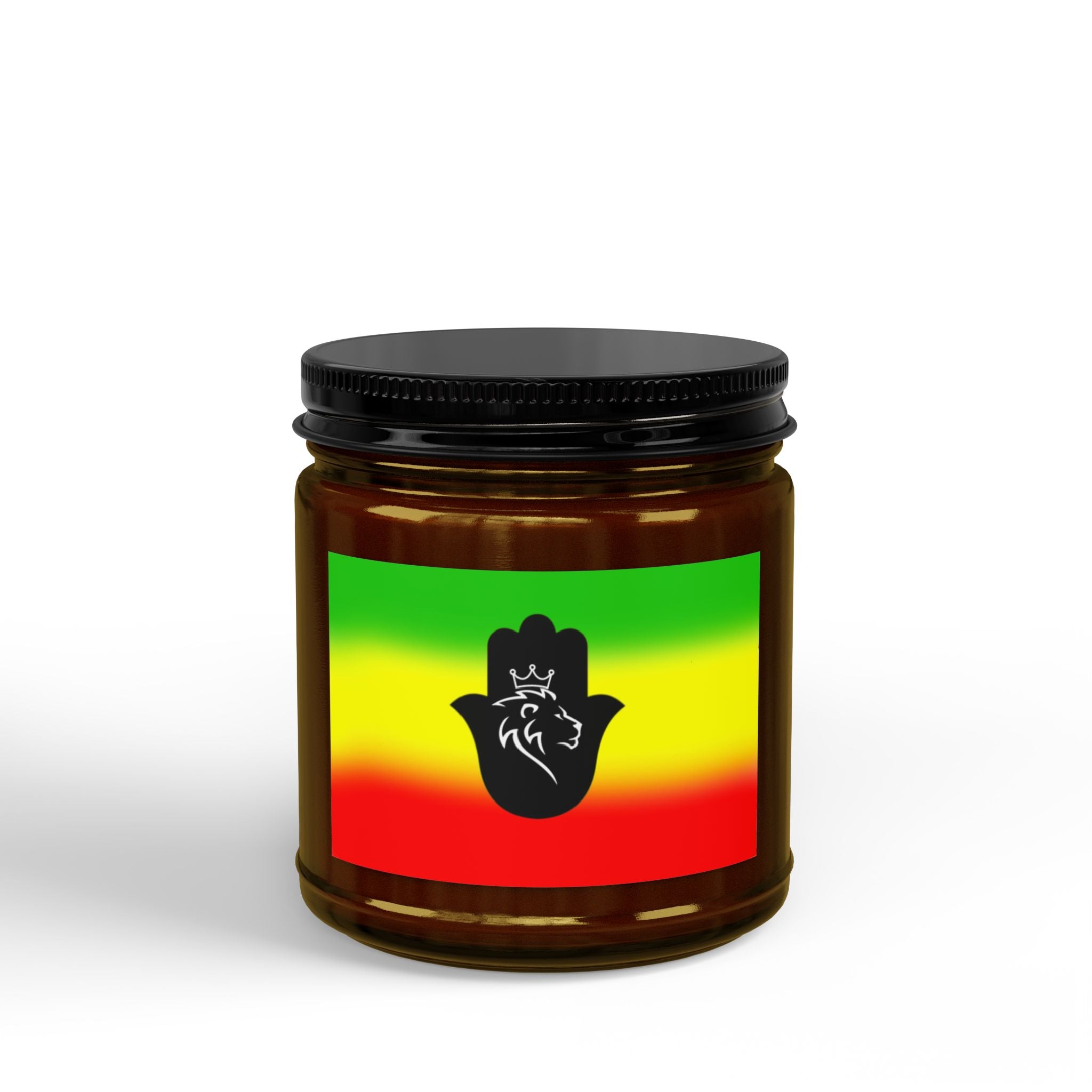 Rasta Hamsa Scented Soy Candle — 4oz & 9oz Amber Jar with Black Lid