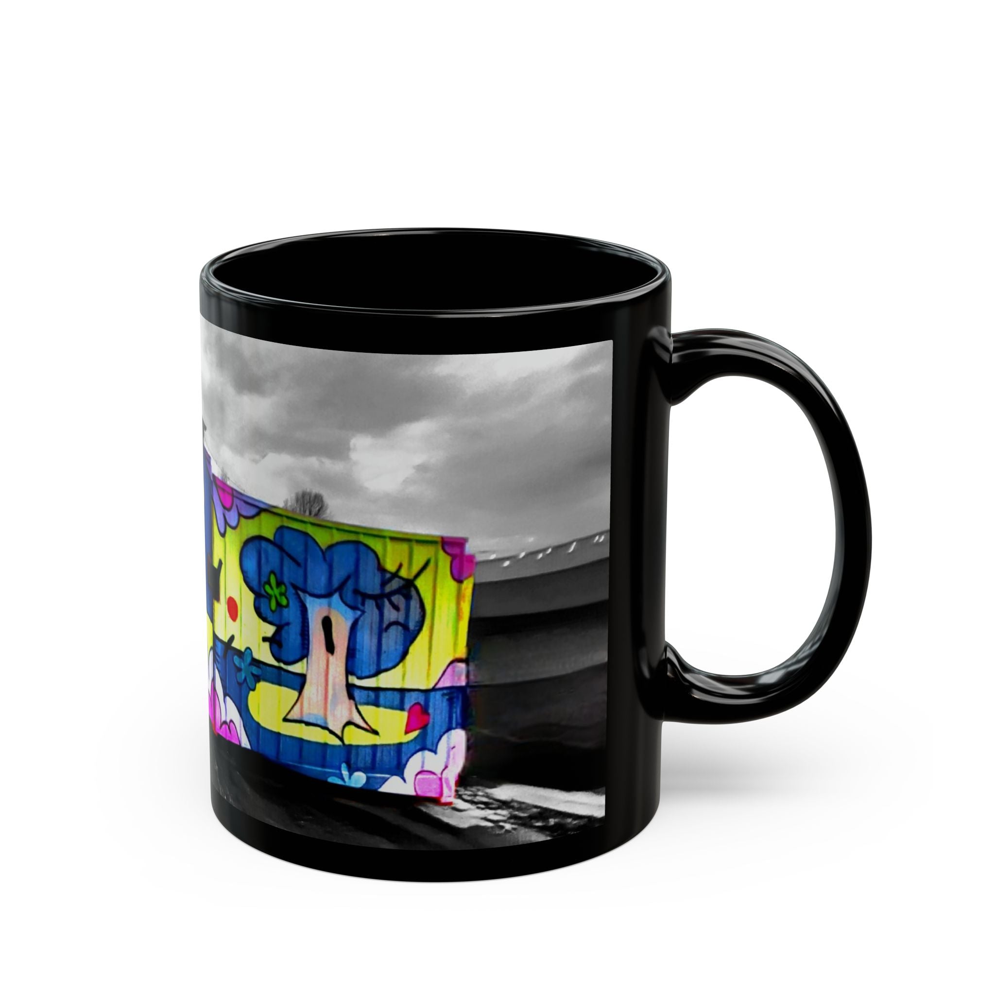 Colorful Graffiti Tree Black Mug — Urban Street Art Coffee Cup (11oz/15oz)