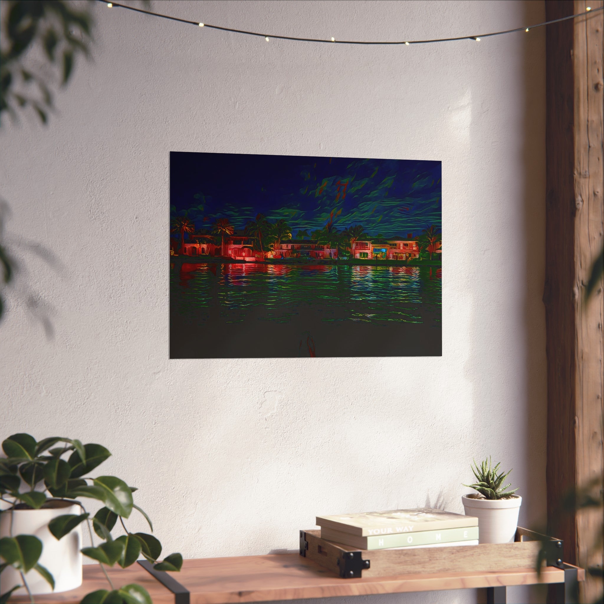 Neon Waterfront Fine Art Poster — Moody Nightscape Beach Houses Print