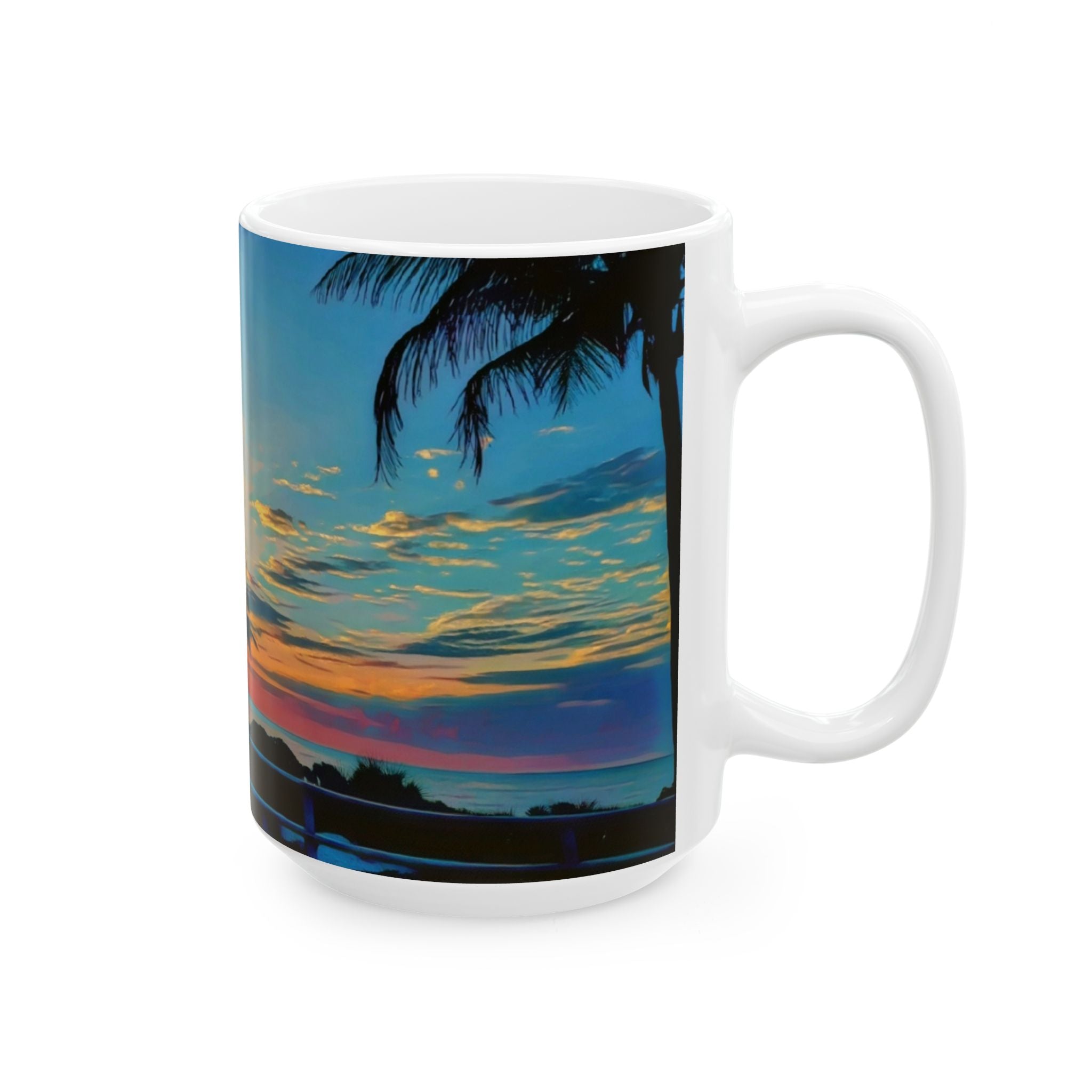 Sunset Beach Ceramic Mug — Tropical Palm Sunrise Coffee Cup (11oz, 15oz)