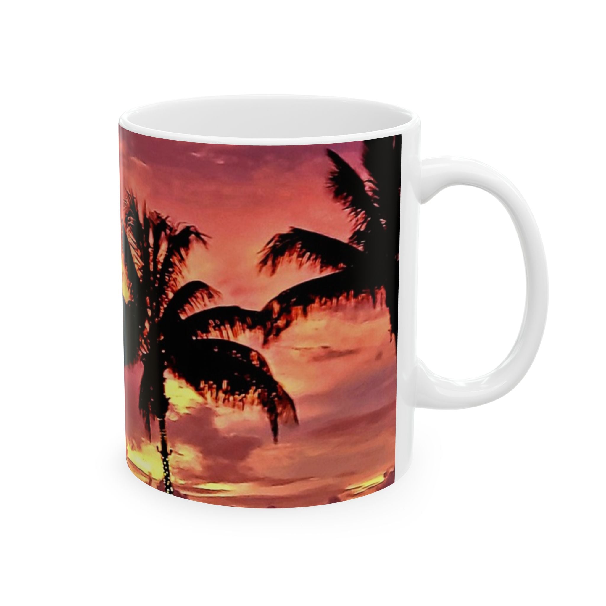 Sunset Palm Heart Ceramic Mug — Tropical Beach Coffee Cup (11oz & 15oz)