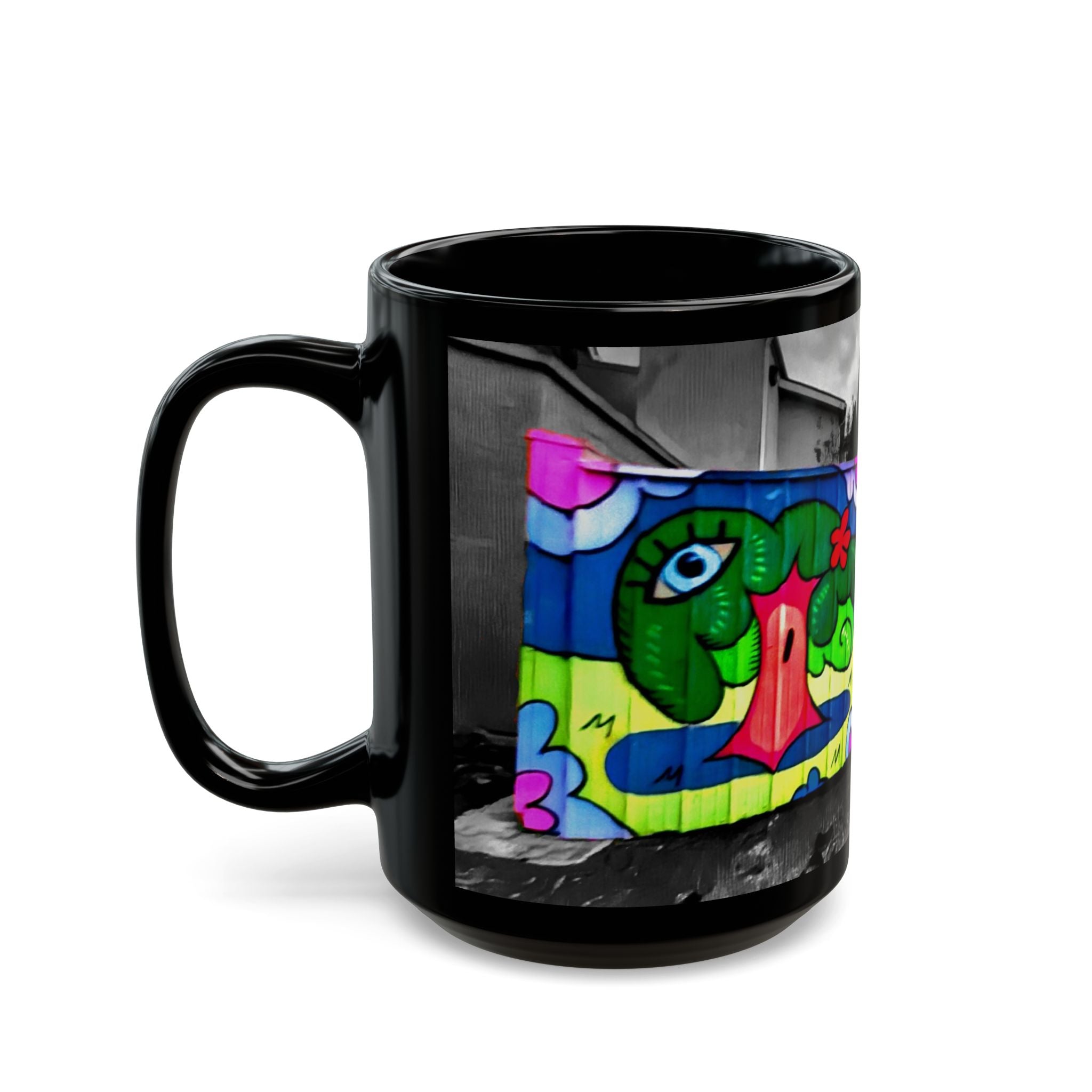 Colorful Graffiti Tree Black Mug — Urban Street Art Coffee Cup (11oz/15oz)