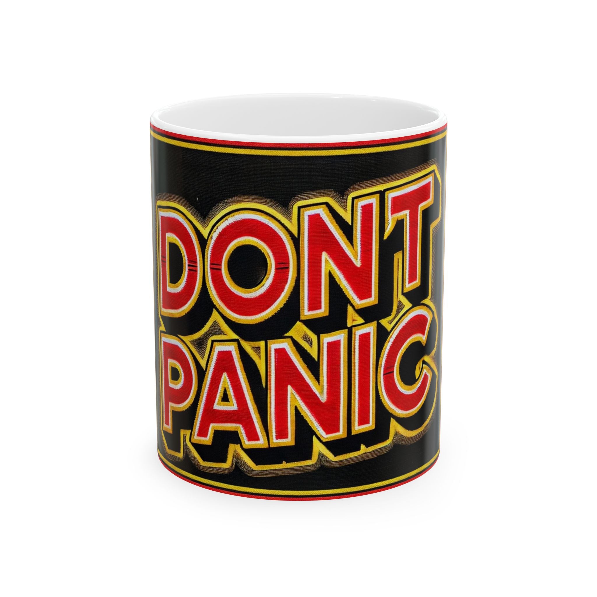 Don't Panic Ceramic Mug — Bold Retro Typography Coffee Cup (11oz & 15oz)
